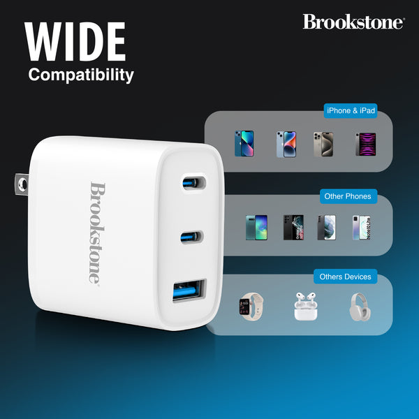 Brookstone PD 40W 3 Port Wall Charger Dual USB C and USB A Ports