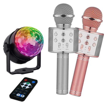 GabbaGoods Karaoke 3 Piece Set Disco LED Lights Projector and 2 Microphones That SYNC Together, Sound Activated Party Lights with Remote Control, RGB Disco Ball