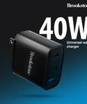 Brookstone PD 40W 3 Port Wall Charger- Dual USB-C and USB A Ports
