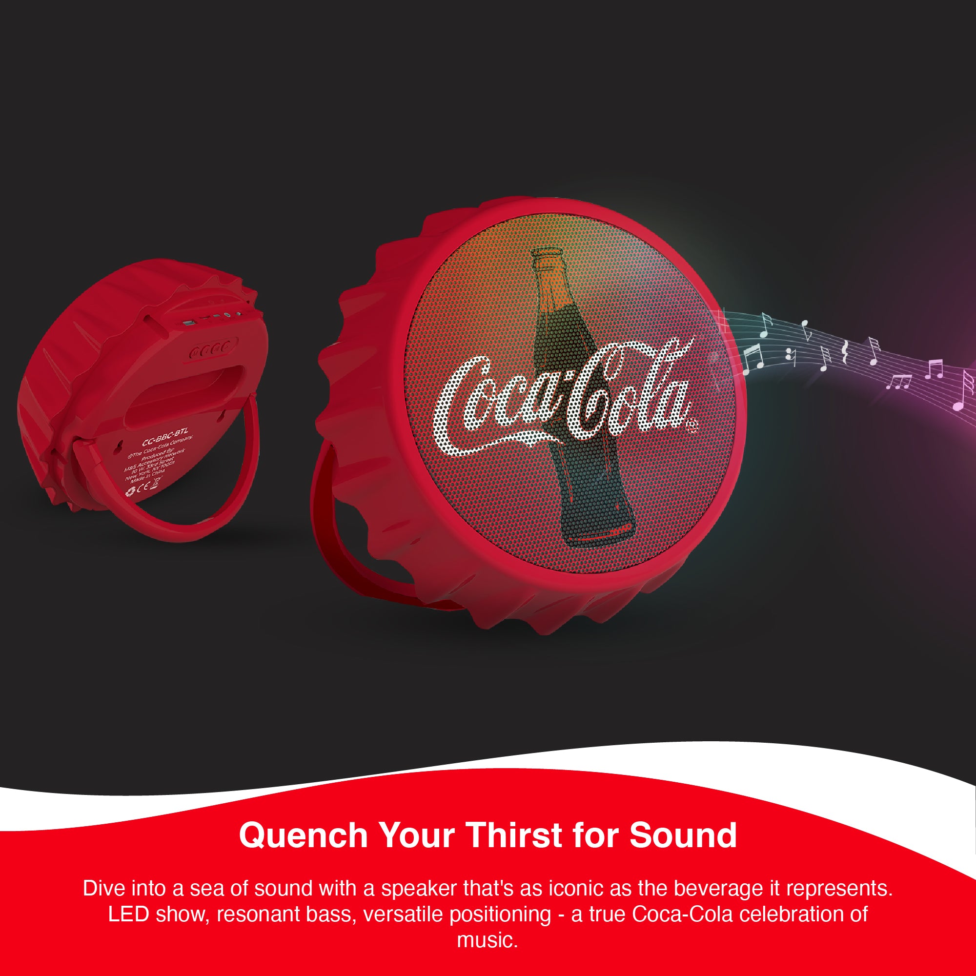 Coca-Cola Bottle Cap Shaped LED Light Bluetooth Speaker, Wall Mountable, Kick Stand, FM Radio