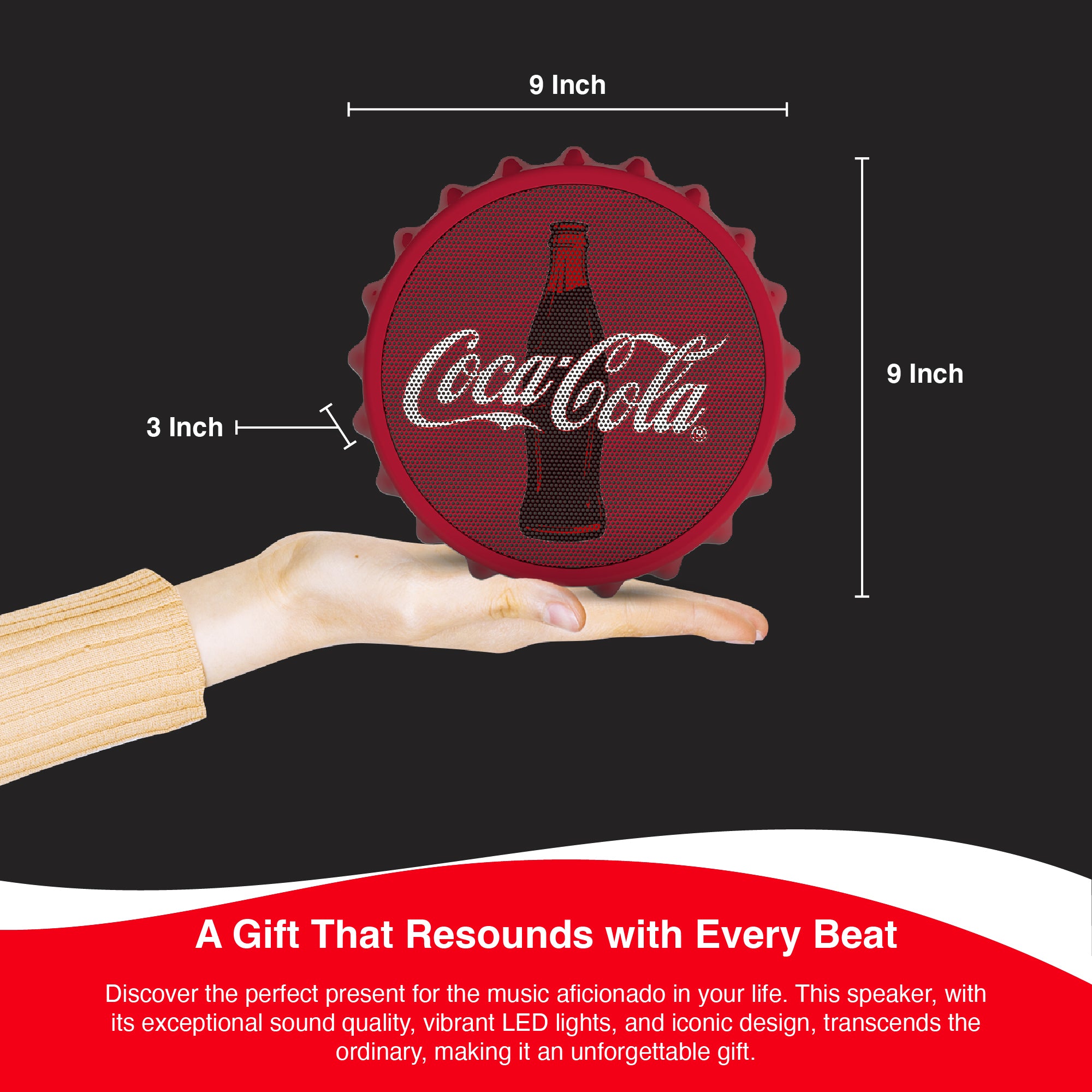 Coca-Cola Bottle Cap Shaped LED Light Bluetooth Speaker, Wall Mountable, Kick Stand, FM Radio