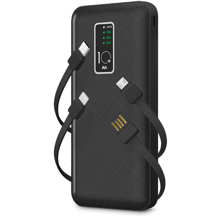 GabbaGoods 10,000mAh Power Bank with LCD Power Display, 4 Built-In Cables, and Phone Stand