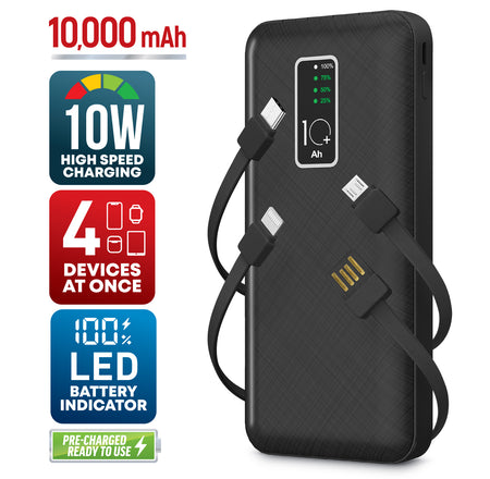 GabbaGoods 10,000mAh Power Bank with LCD Power Display, 4 Built-In Cables, and Phone Stand
