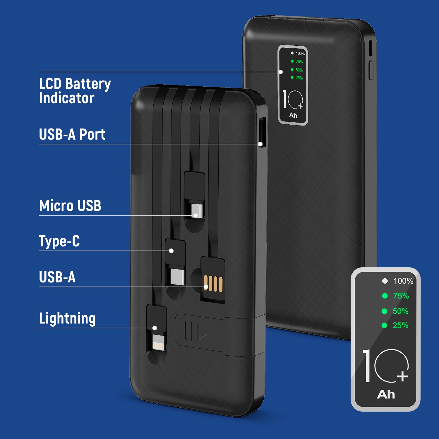 GabbaGoods 10,000mAh Power Bank with LCD Power Display, 4 Built-In Cables, and Phone Stand