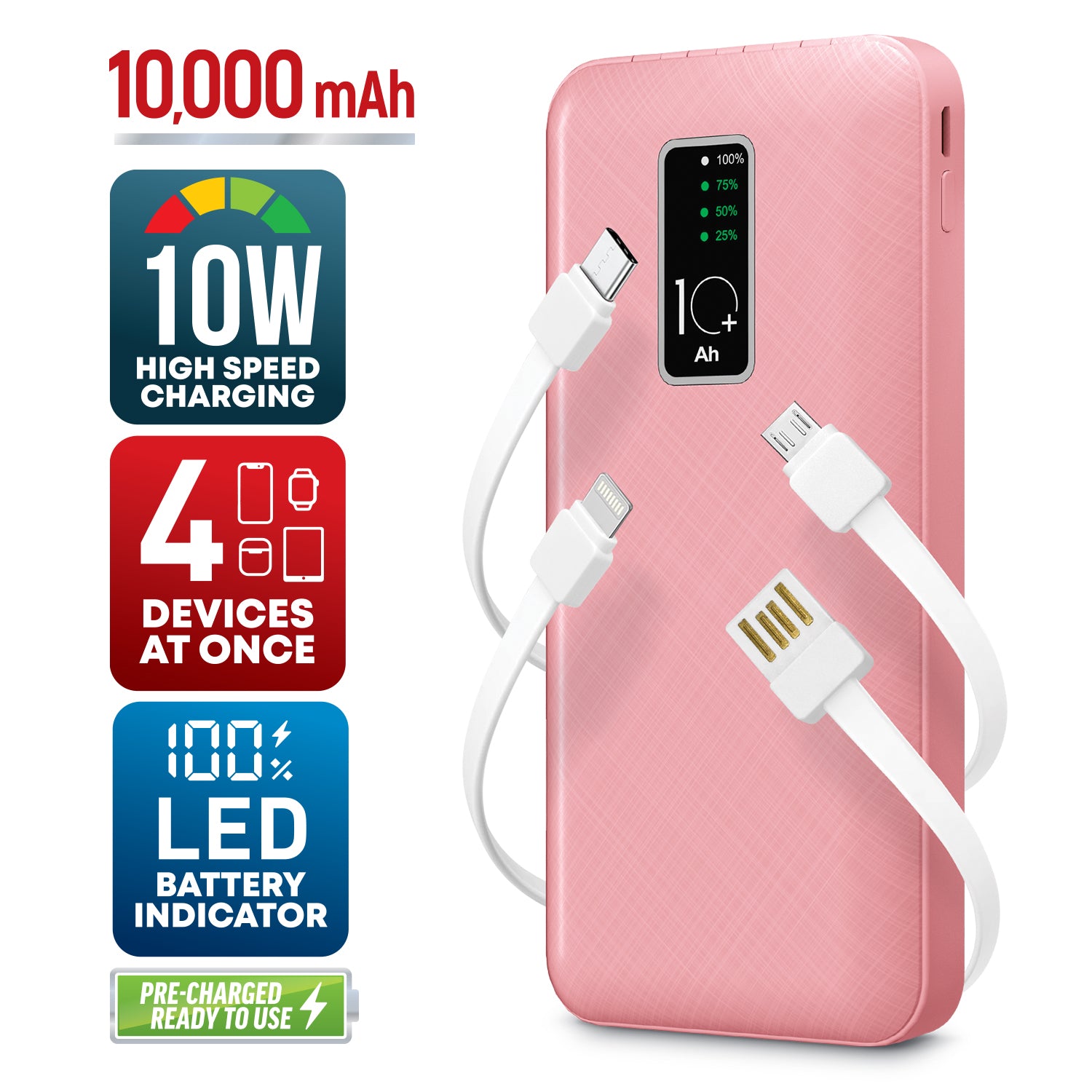GabbaGoods 10,000mAh Power Bank with LCD Power Display, 4 Built-In Cables, and Phone Stand
