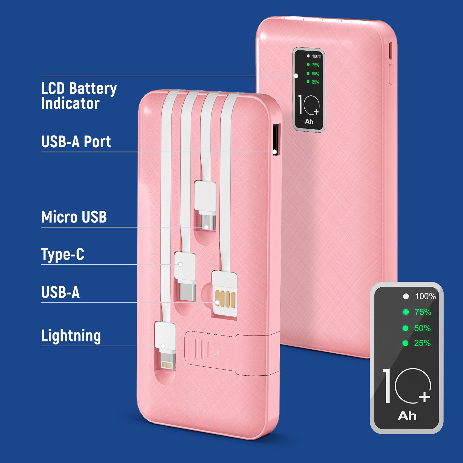 GabbaGoods 10,000mAh Power Bank with LCD Power Display, 4 Built-In Cables, and Phone Stand