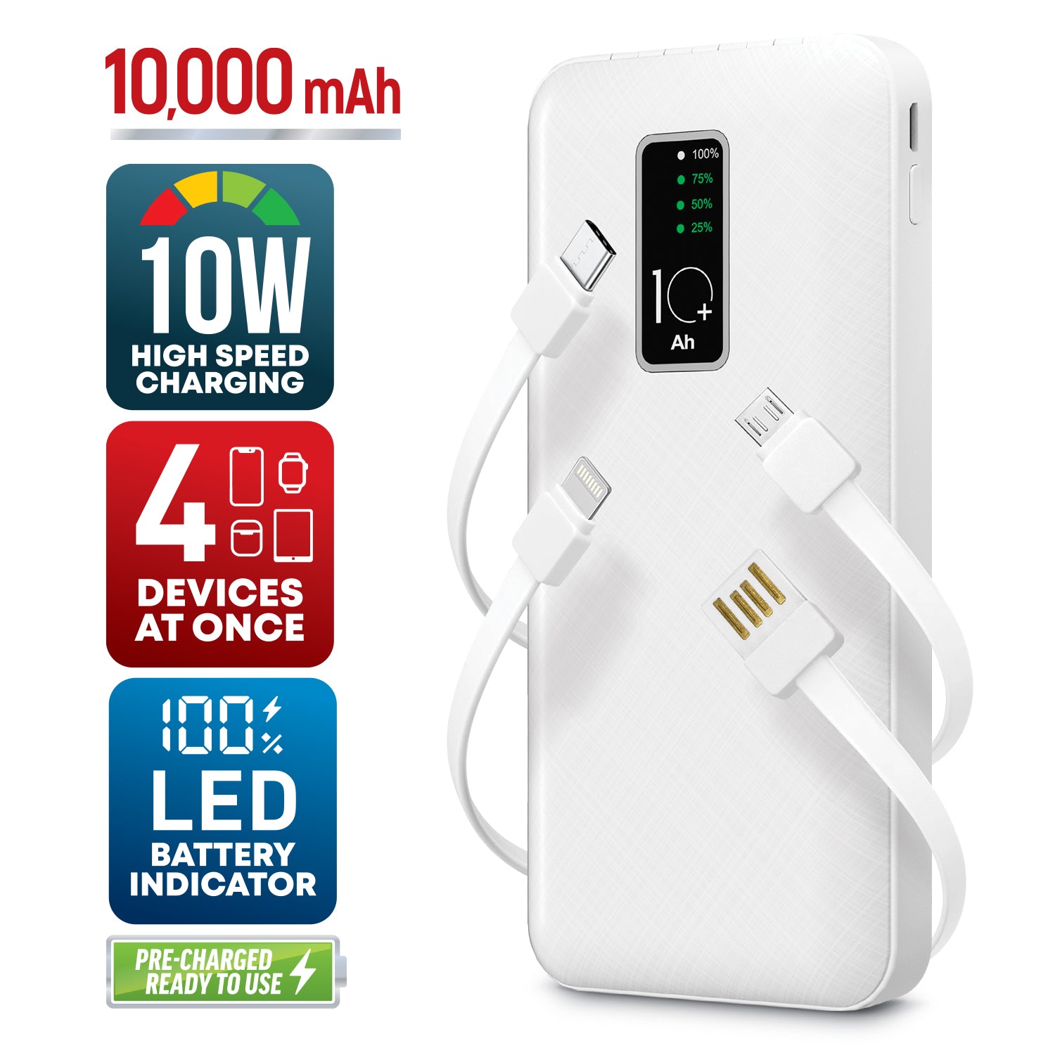 GabbaGoods 10,000mAh Power Bank with LCD Power Display, 4 Built-In Cables, and Phone Stand