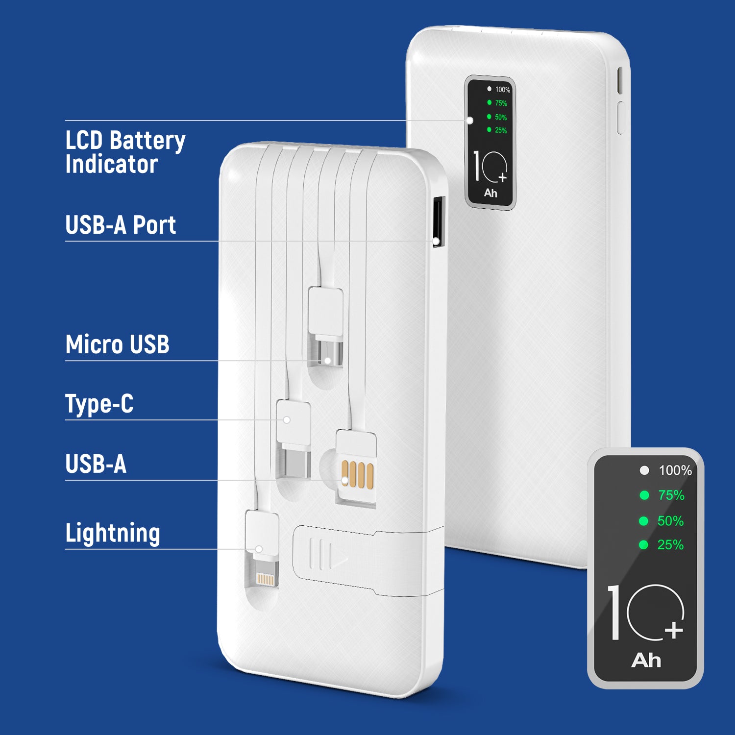 GabbaGoods 10,000mAh Power Bank with LCD Power Display, 4 Built-In Cables, and Phone Stand