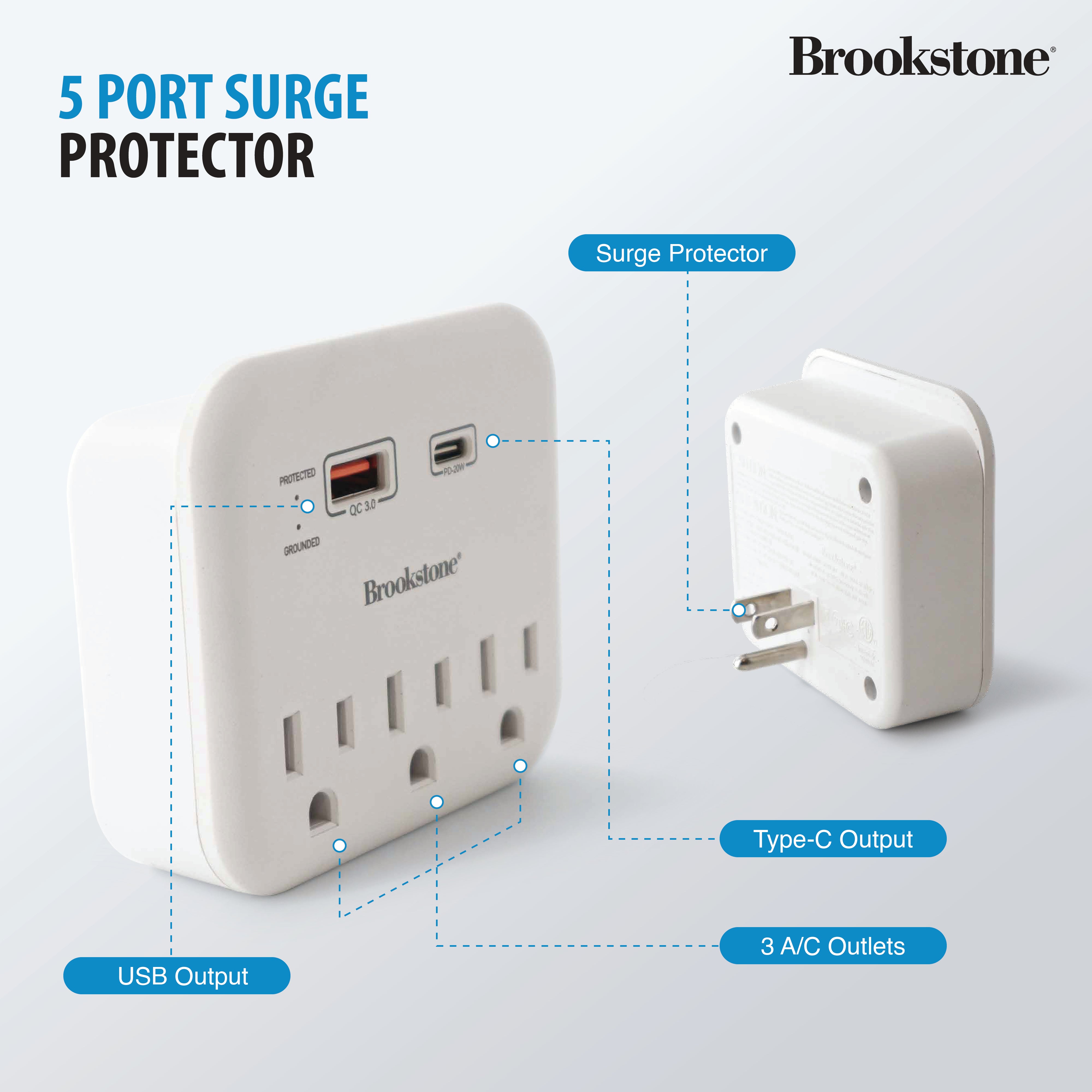 Brookstone PD 20 Watt 5 Port Surge Protector, 3 AC outlets, Rapid PD Type-C Port, and Rapid QC USB Port.
