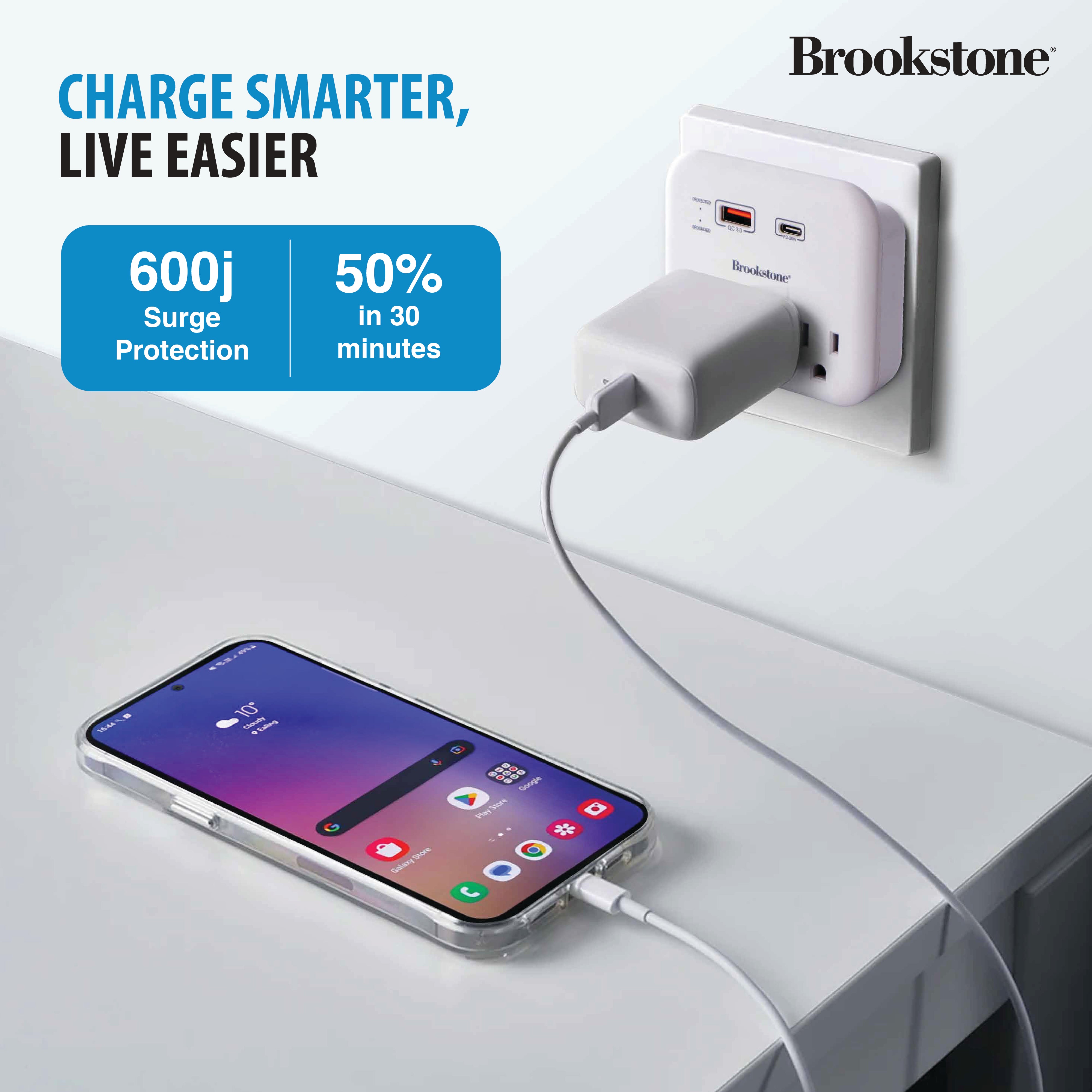Brookstone PD 20 Watt 5 Port Surge Protector, 3 AC outlets, Rapid PD Type-C Port, and Rapid QC USB Port.