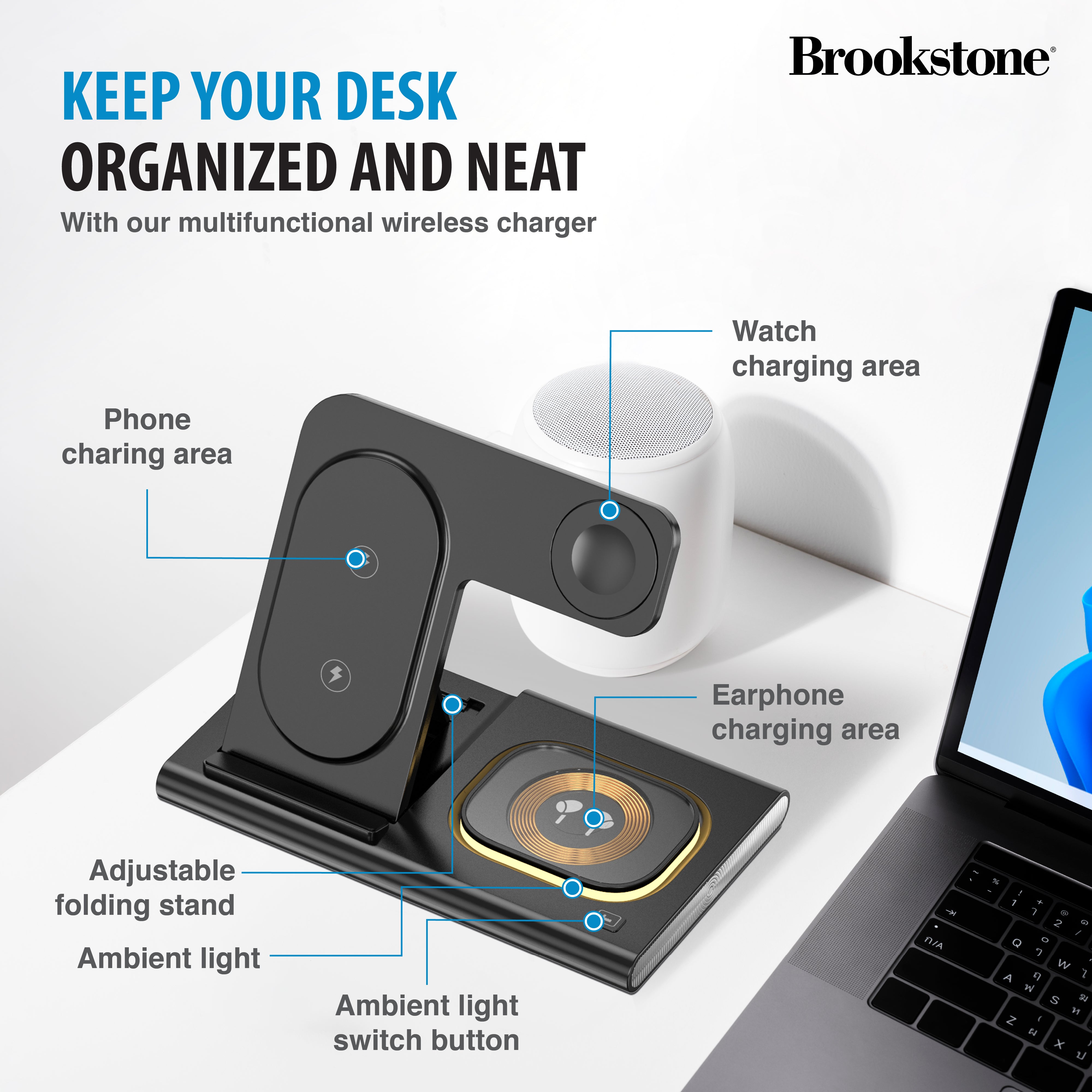 Brookstone 3-in-1 Wireless Charger Stand Fast Charging Station for iPhone 15,14,13,12 Pro Max Series, All iWatch Series, | iPhone Wireless Charging Station…