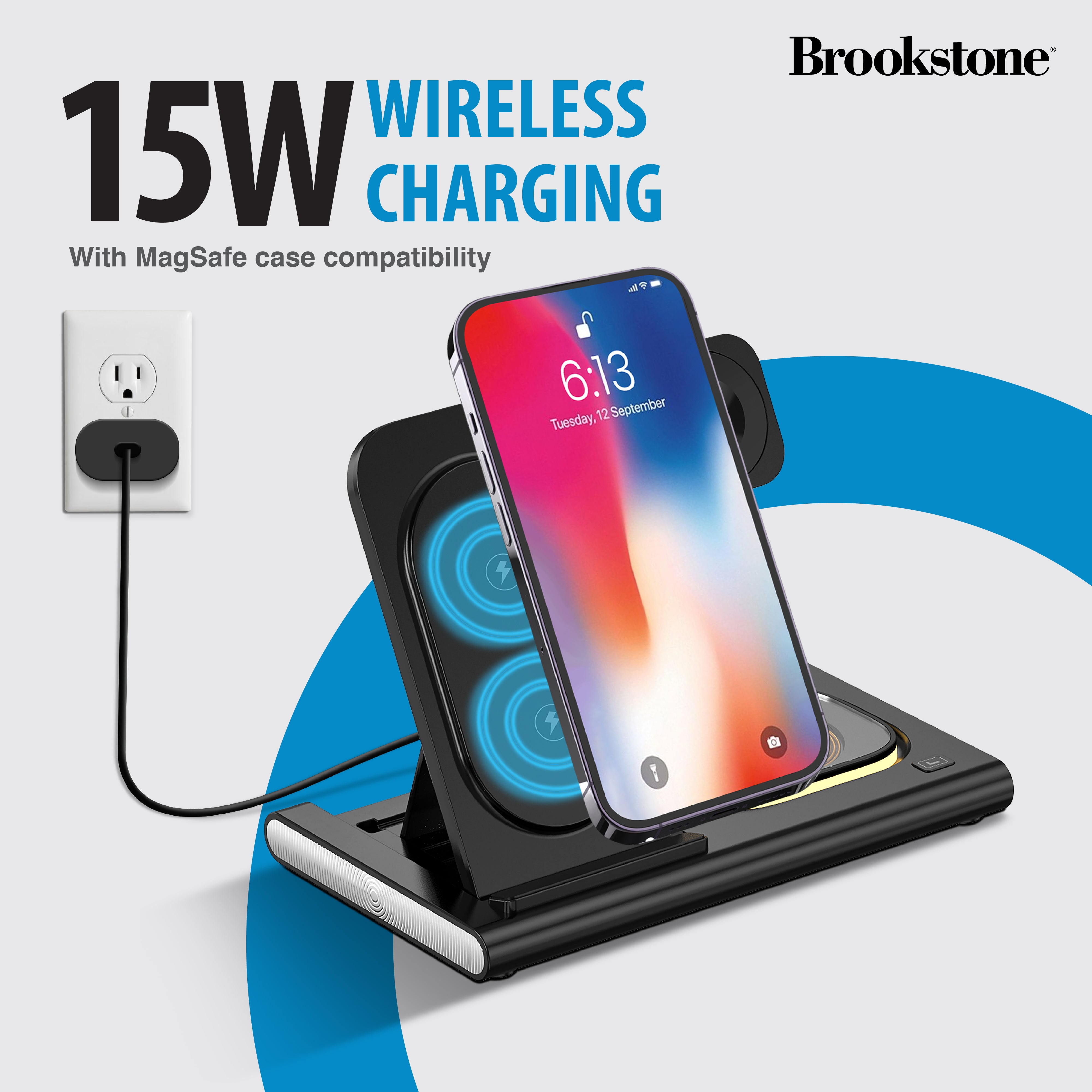 Brookstone 3-in-1 Wireless Charger Stand Fast Charging Station for iPhone 15,14,13,12 Pro Max Series, All iWatch Series, | iPhone Wireless Charging Station…