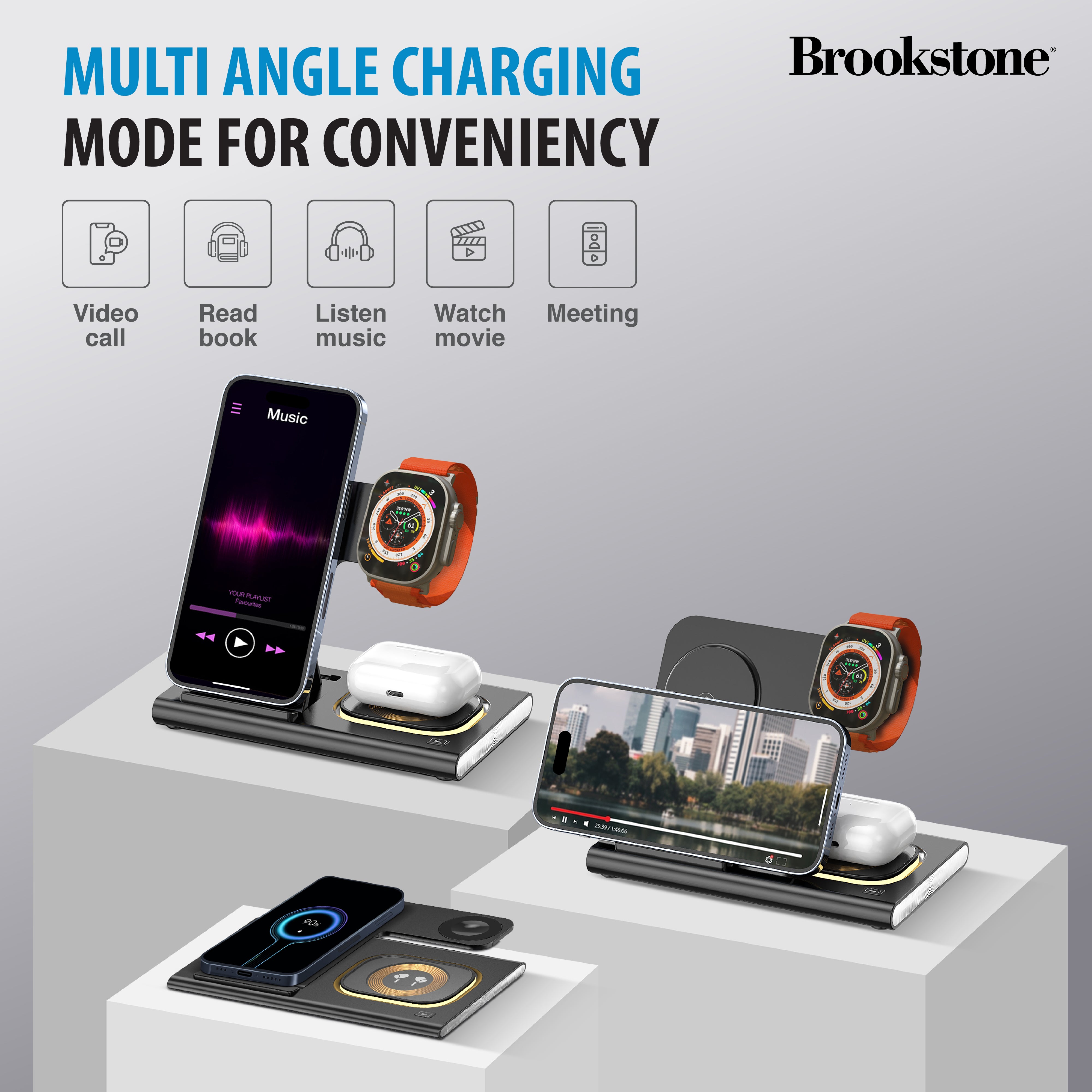 Brookstone 3-in-1 Wireless Charger Stand Fast Charging Station for iPhone 15,14,13,12 Pro Max Series, All iWatch Series, | iPhone Wireless Charging Station…
