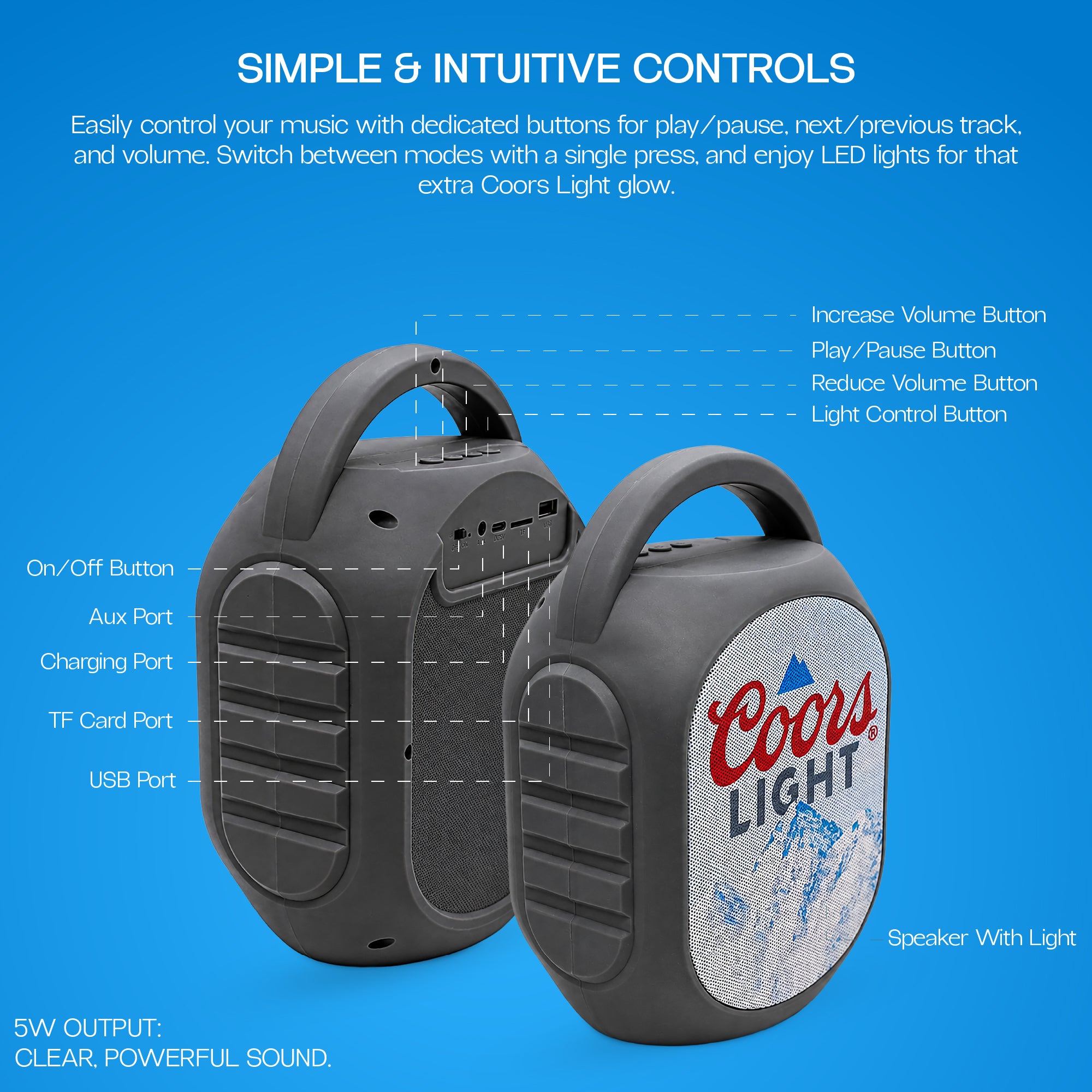 Coors Light Mini Party Speaker V2 with LED Lights, Built-In Handle, Function Buttons