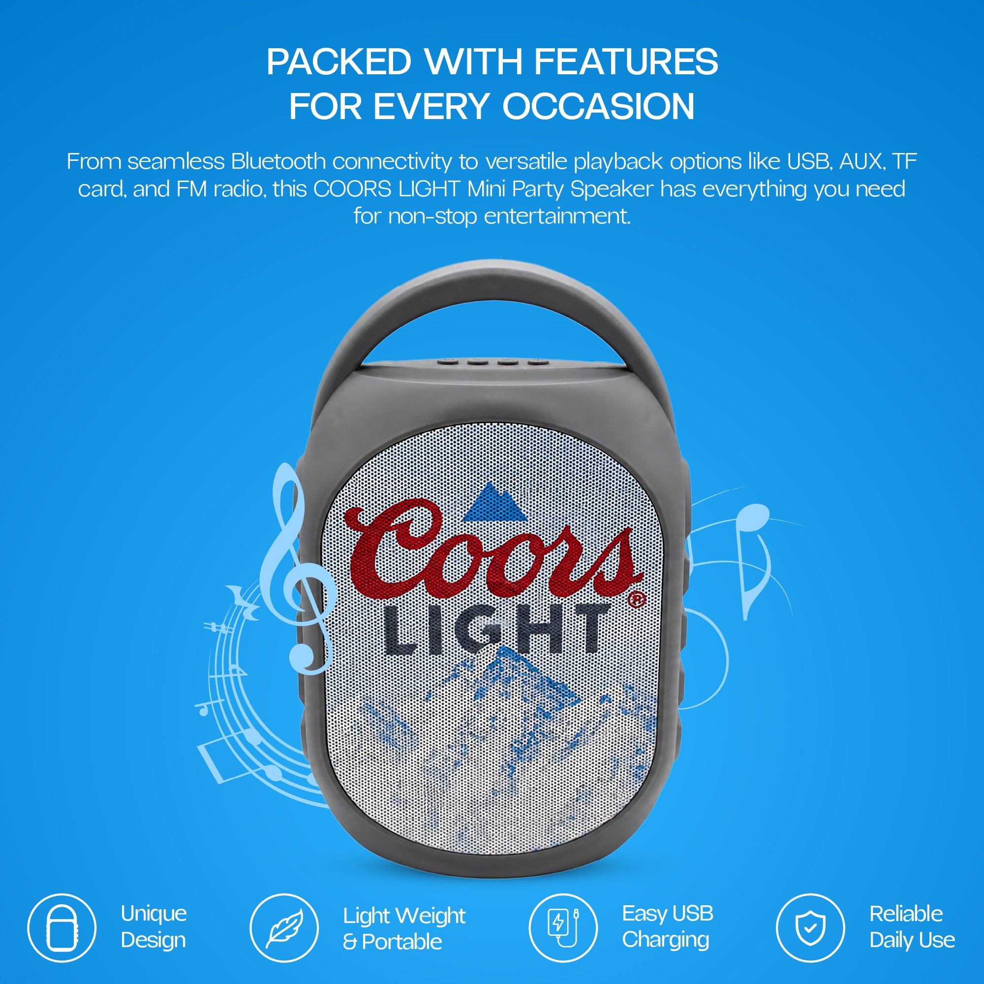 Coors Light Mini Party Speaker V2 with LED Lights, Built-In Handle, Function Buttons