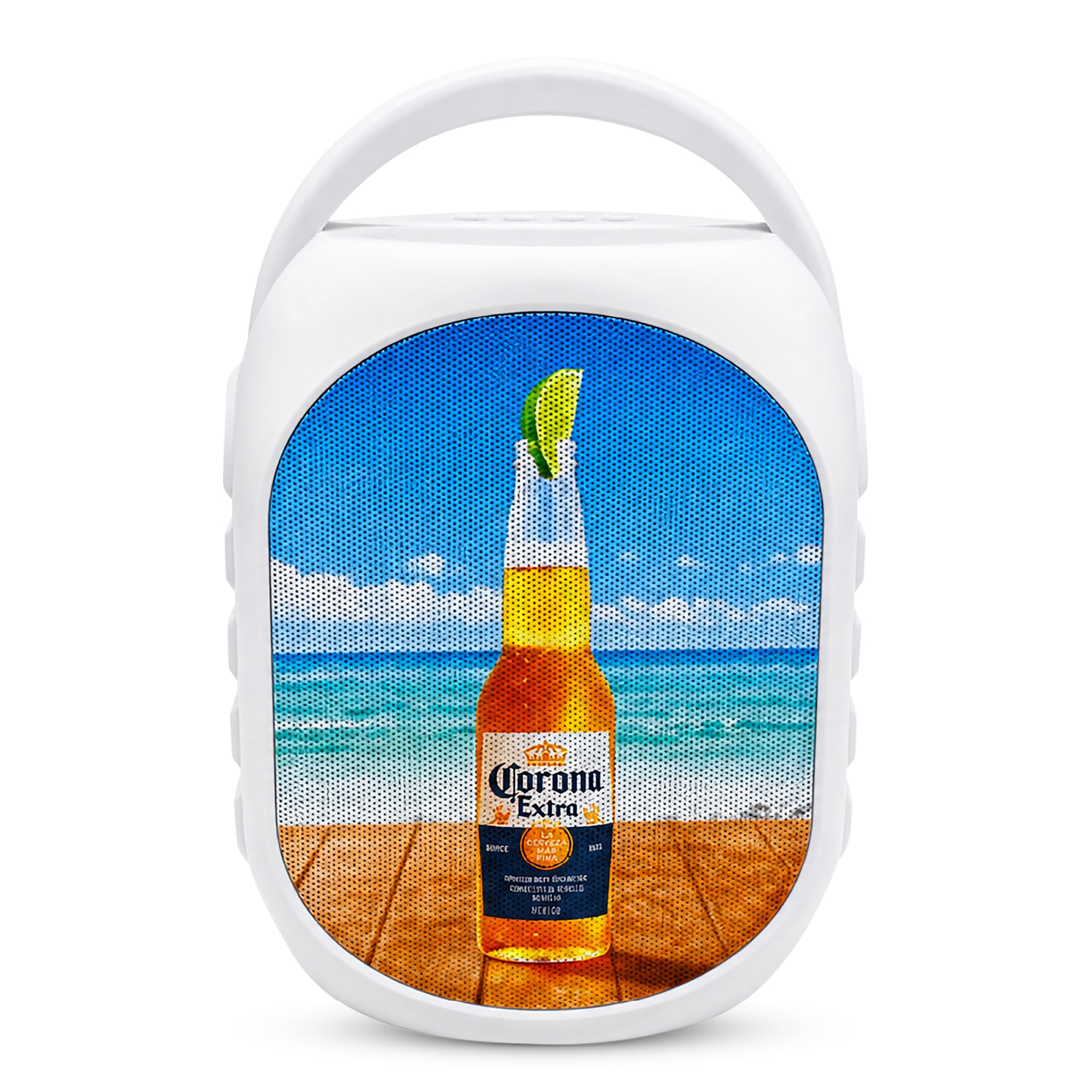 Corona Mini Party Speaker with LED Lights, Built-In Handle, Function Buttons