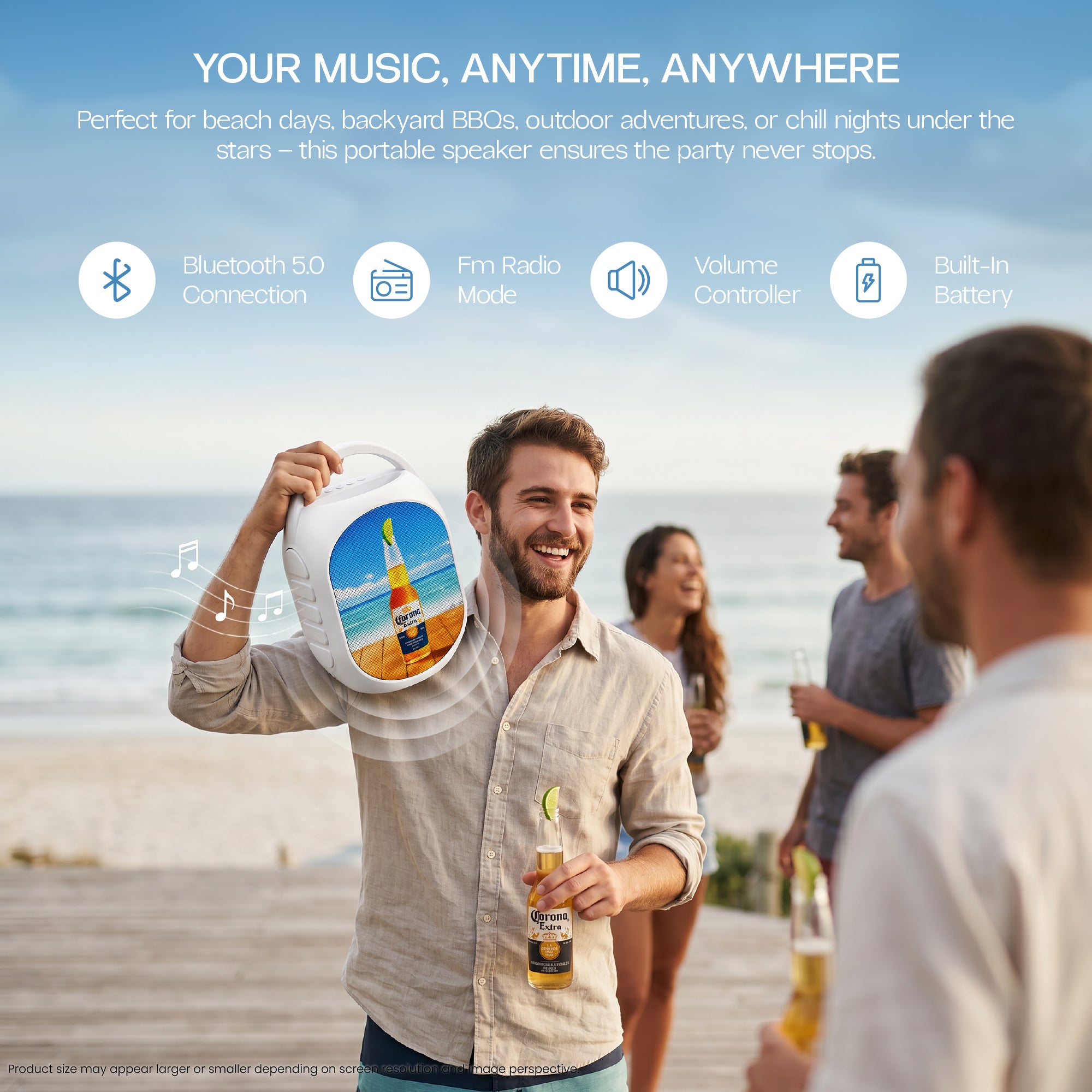 Corona Mini Party Speaker with LED Lights, Built-In Handle, Function Buttons