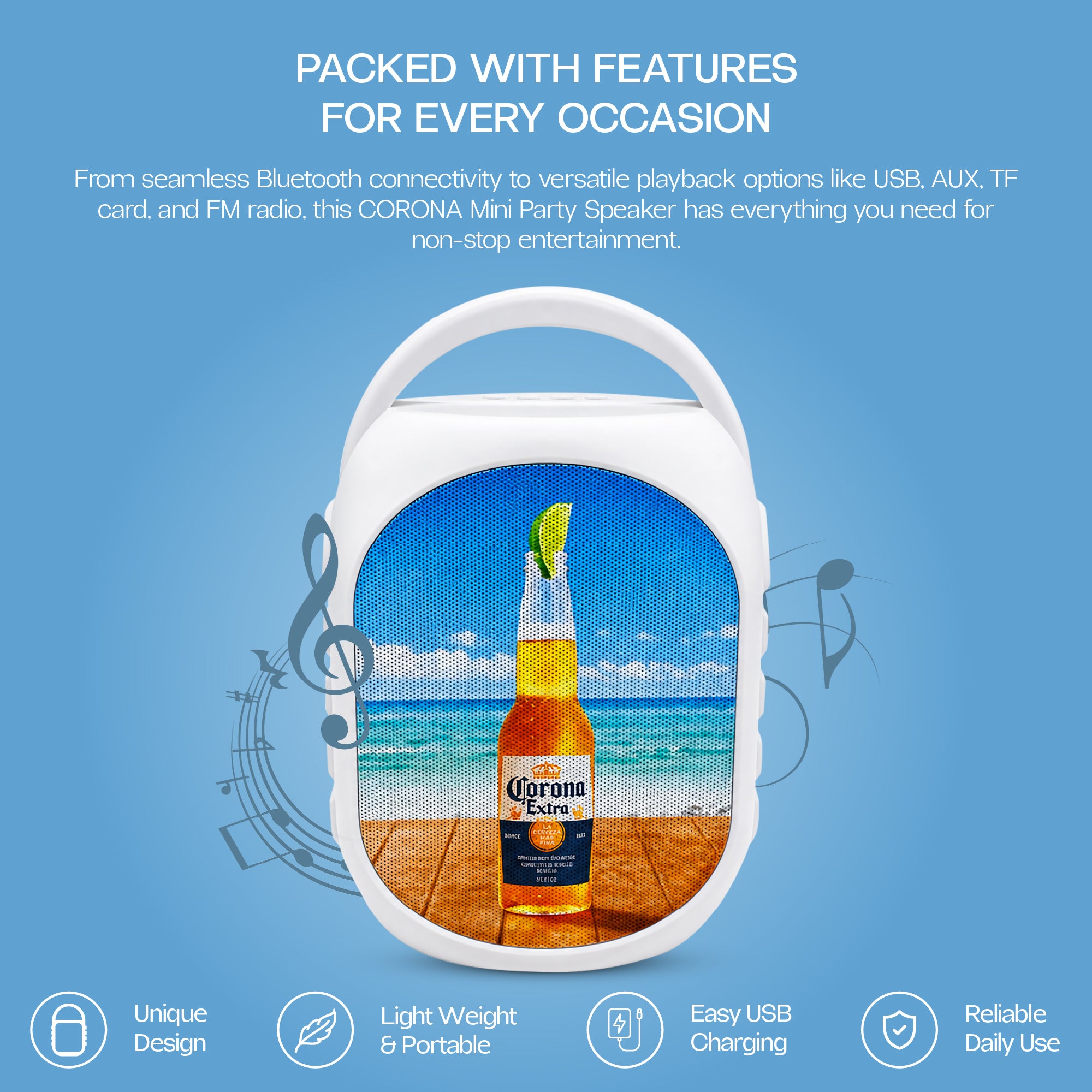 Corona Mini Party Speaker with LED Lights, Built-In Handle, Function Buttons