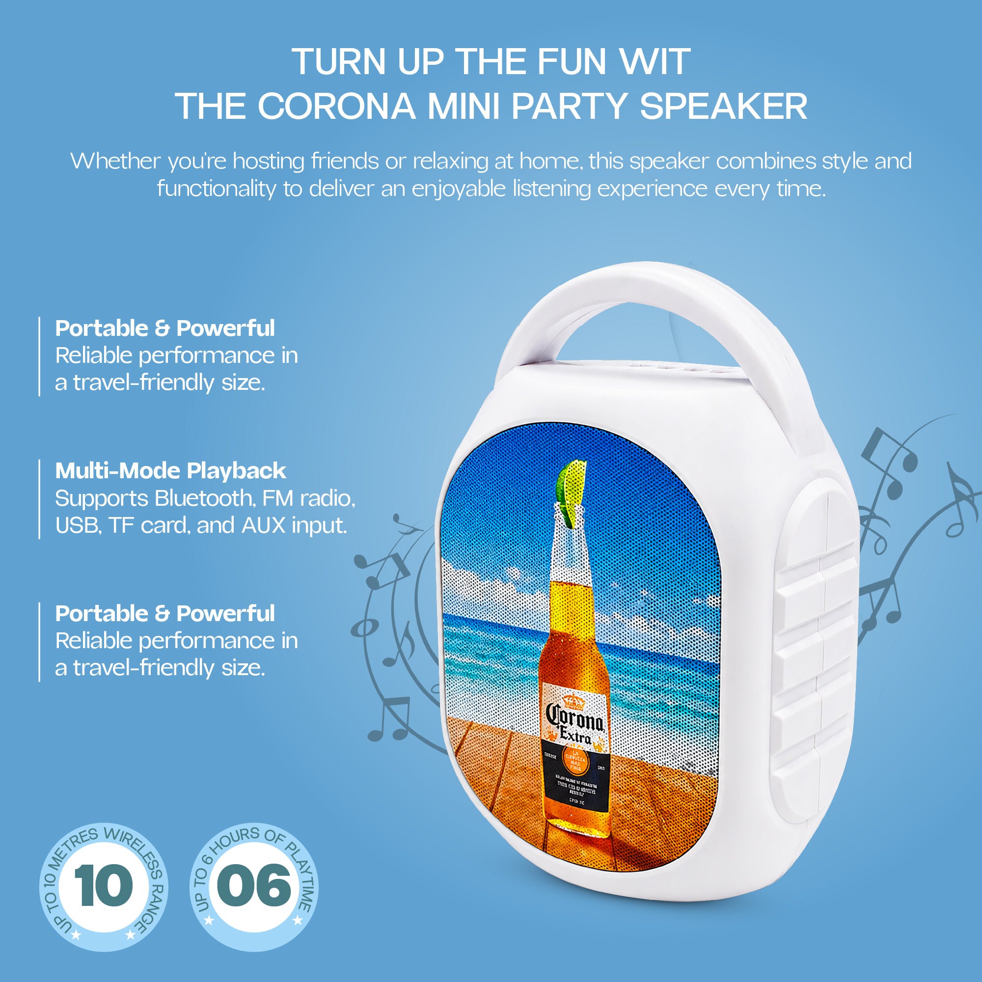 Corona Mini Party Speaker with LED Lights, Built-In Handle, Function Buttons
