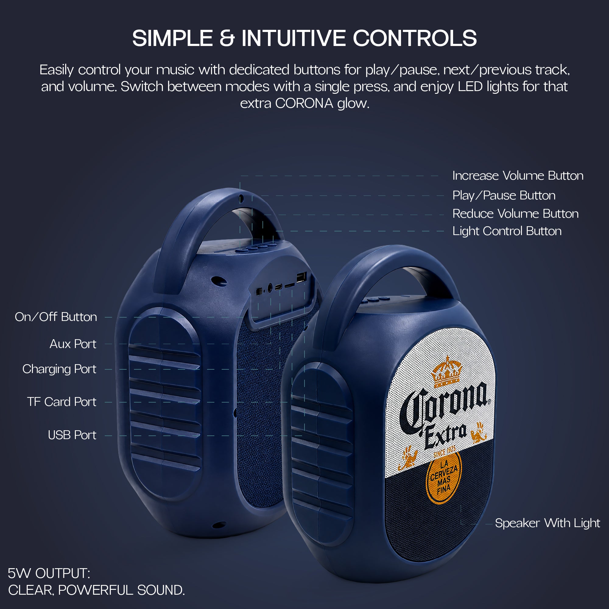 Corona Mini Party Speaker with LED Lights, Built-In Handle, Function Buttons