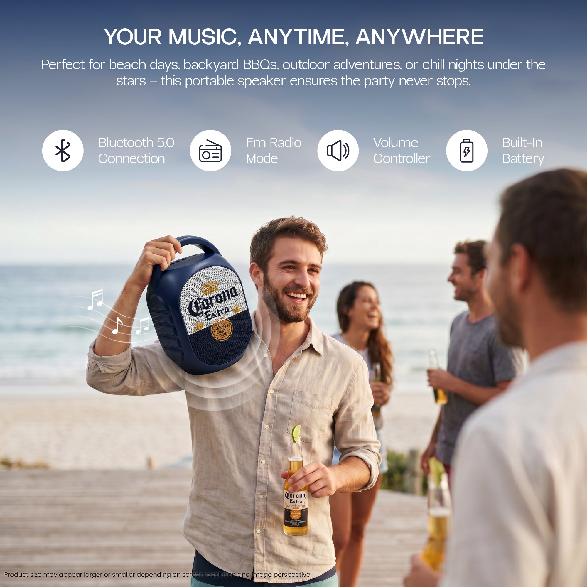 Corona Mini Party Speaker with LED Lights, Built-In Handle, Function Buttons