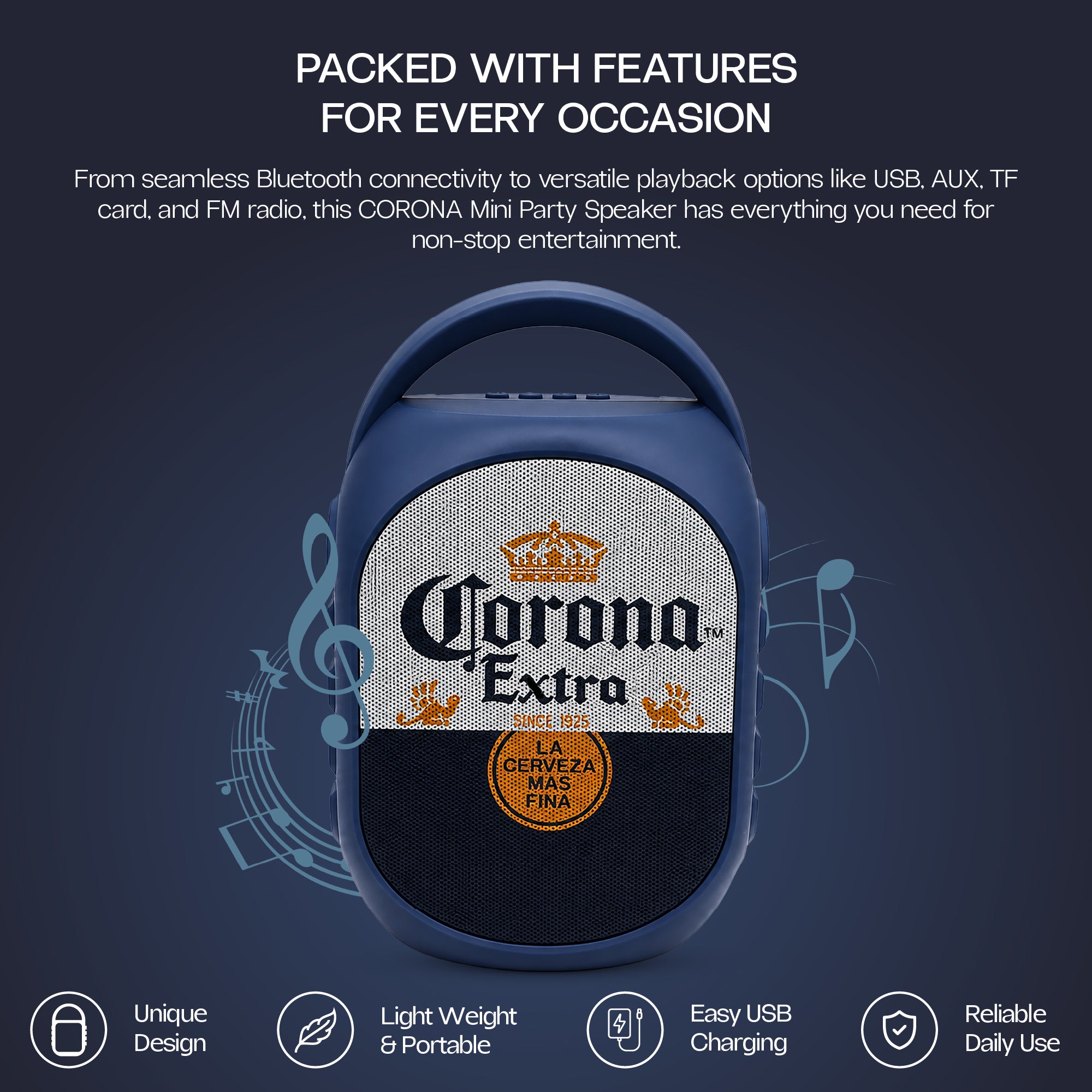 Corona Mini Party Speaker with LED Lights, Built-In Handle, Function Buttons