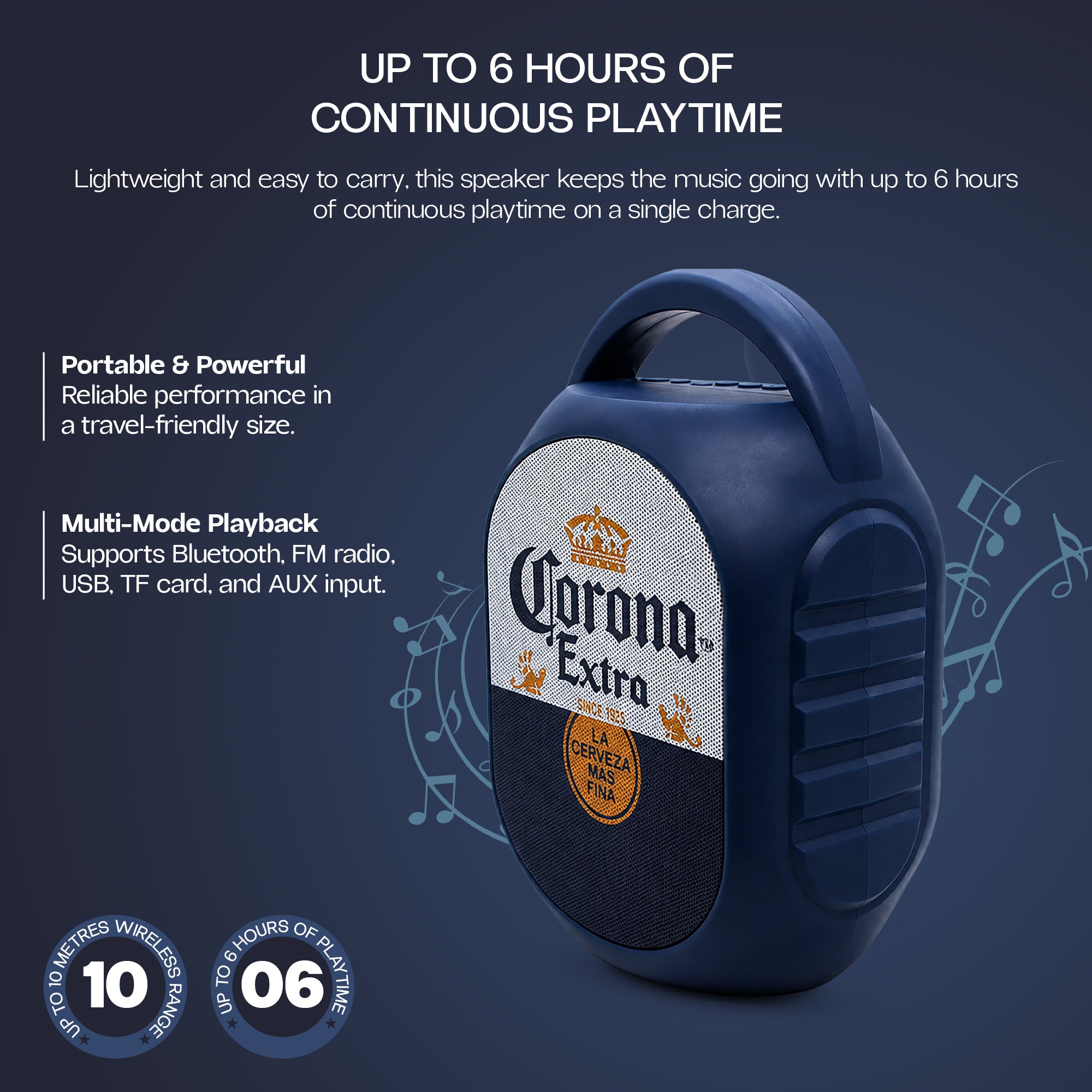 Corona Mini Party Speaker with LED Lights, Built-In Handle, Function Buttons
