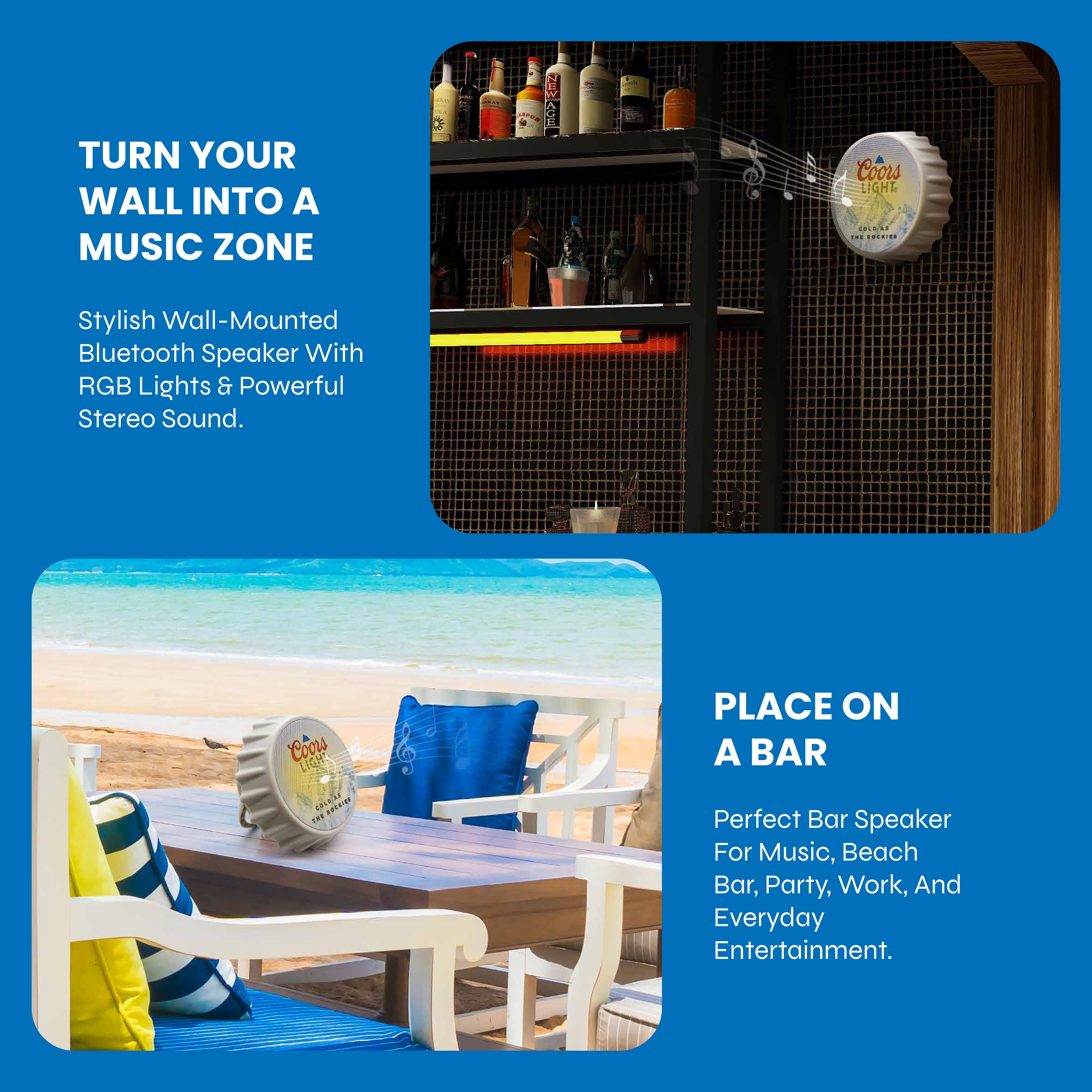 Coors Light Bottle Cap Shaped Bluetooth Speaker with LED Lights, Kickstand, Wall Mountable