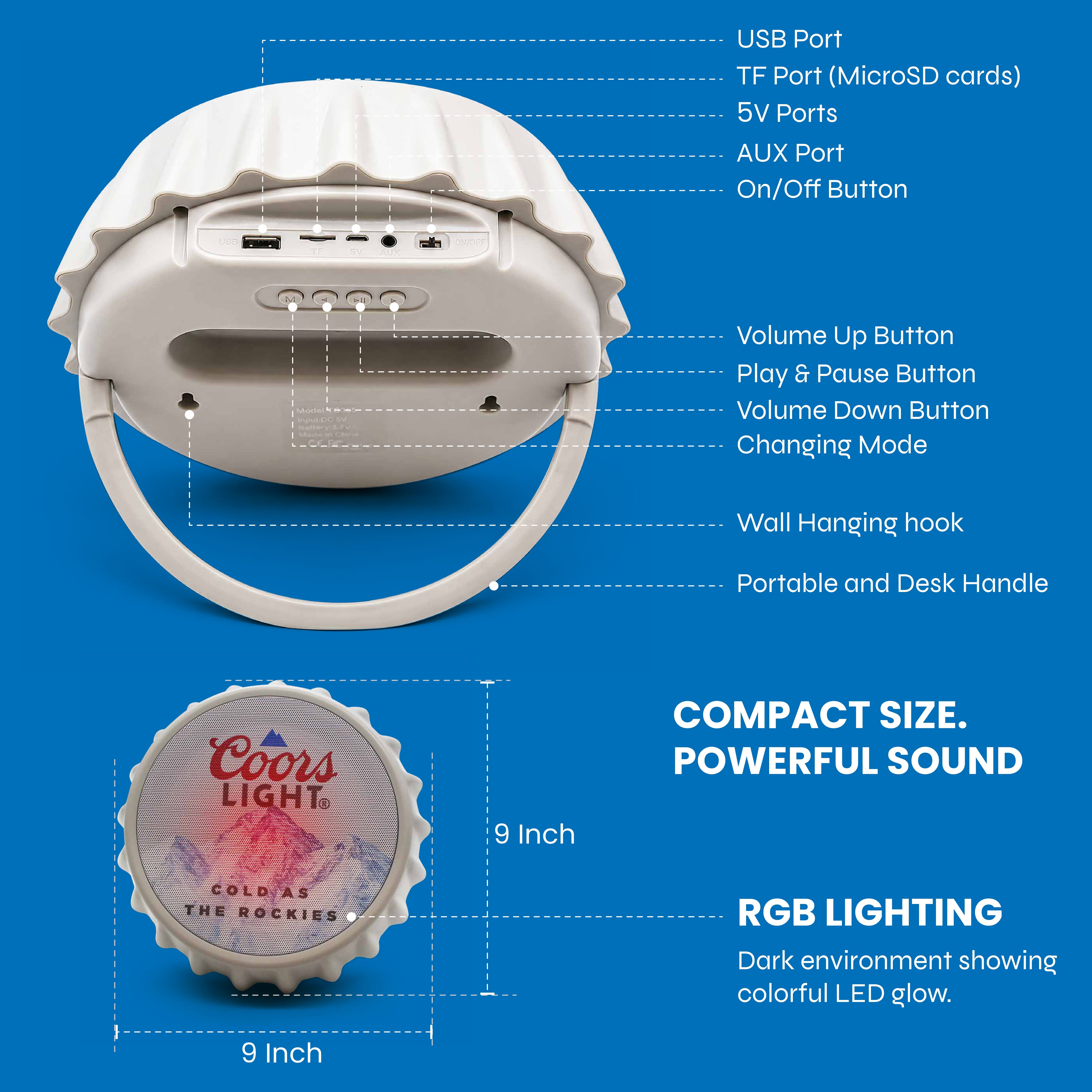 Coors Light Bottle Cap Shaped Bluetooth Speaker with LED Lights, Kickstand, Wall Mountable
