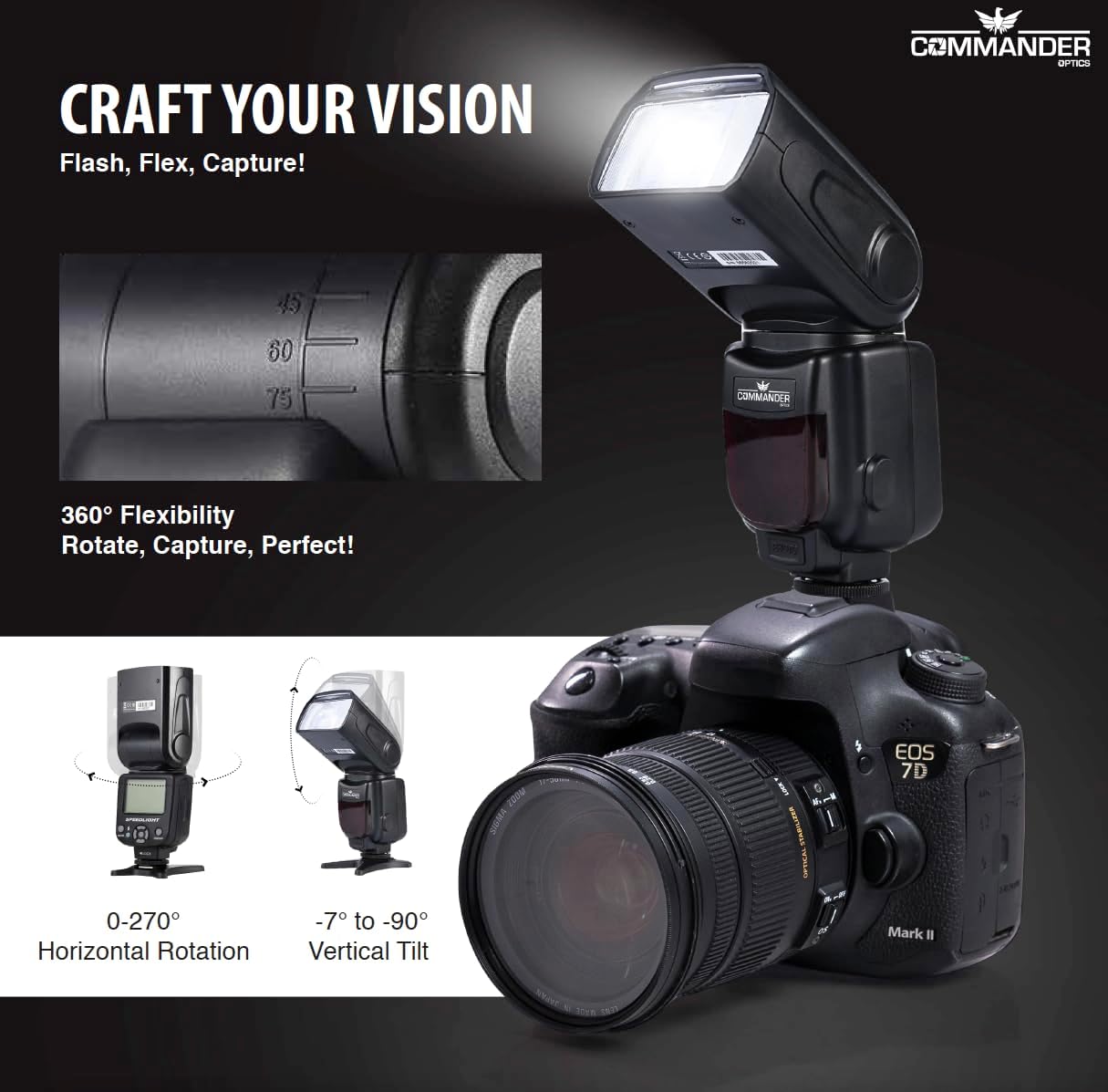 Commander Electronic Flash for Canon DSLR EOS Rebel T7, SL3, 4000D, 850D, 80D, 90D, 6D Mark II, 5D Mark IV, EOS R, RP, R5, R6, R7, R8, R10, R100, M200,M50 Mark II, M6, M5 Fully Automatic Speedlite E-TTL