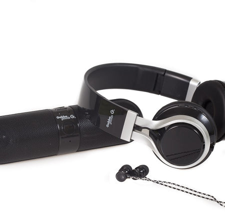 3 Piece Metallix Set- Over Ear Headphones, Wired Earbuds, Pill Shaped Bluetooth Speaker