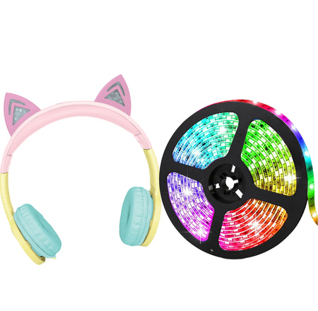 GKidz LED Cat Gift Set- Kids LED Cat Ear Headset and 10ft LED RGB Strip Light with Remote