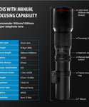 Commander 500-1000mm f/8.3 Manual Telephoto Zoom Lens for Canon EOS M5, M6, M6 Mark II, M10, M50, M50 Mark II, M100, M200 & Other EF-M Mount | Camera Lens