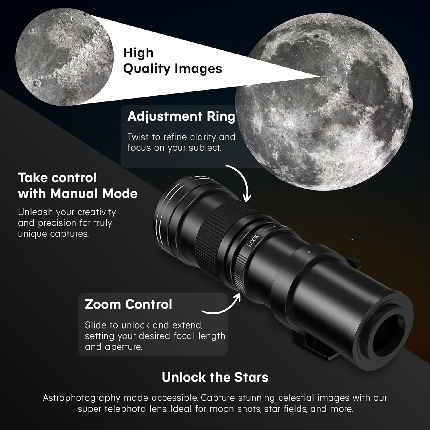 Commander 420-800mm f/8.3 Manual Telephoto Zoom Lens for Canon EOS 80D, 90D, Rebel T3, T3i, T4i, T5, T5i, T6, T6i, T6s, T7, T7I, SL1, SL2, EOS 70D, 77D, 80D, EOS 5D, II/III/IV, 6D | Camera Lens