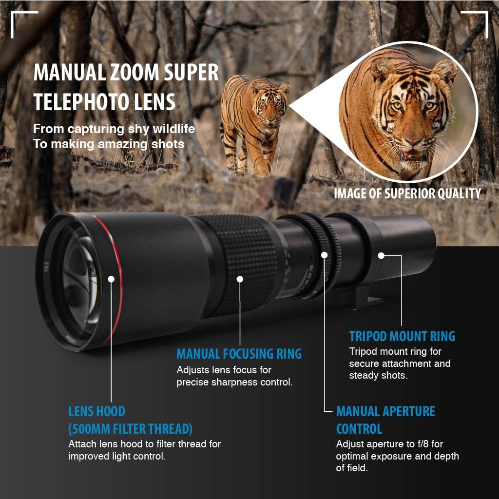 Commander 500-1000mm f/8.3 Manual Telephoto Zoom Lens for Canon EOS M5, M6, M6 Mark II, M10, M50, M50 Mark II, M100, M200 & Other EF-M Mount | Camera Lens