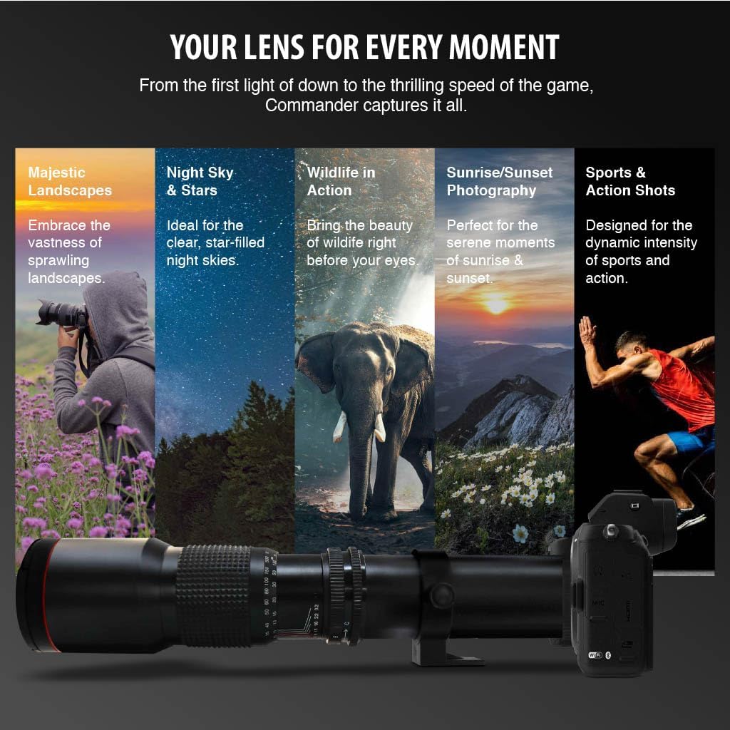 Commander 500-1000mm f/8.3 Manual Telephoto Zoom Lens for Canon EOS M5, M6, M6 Mark II, M10, M50, M50 Mark II, M100, M200 & Other EF-M Mount | Camera Lens
