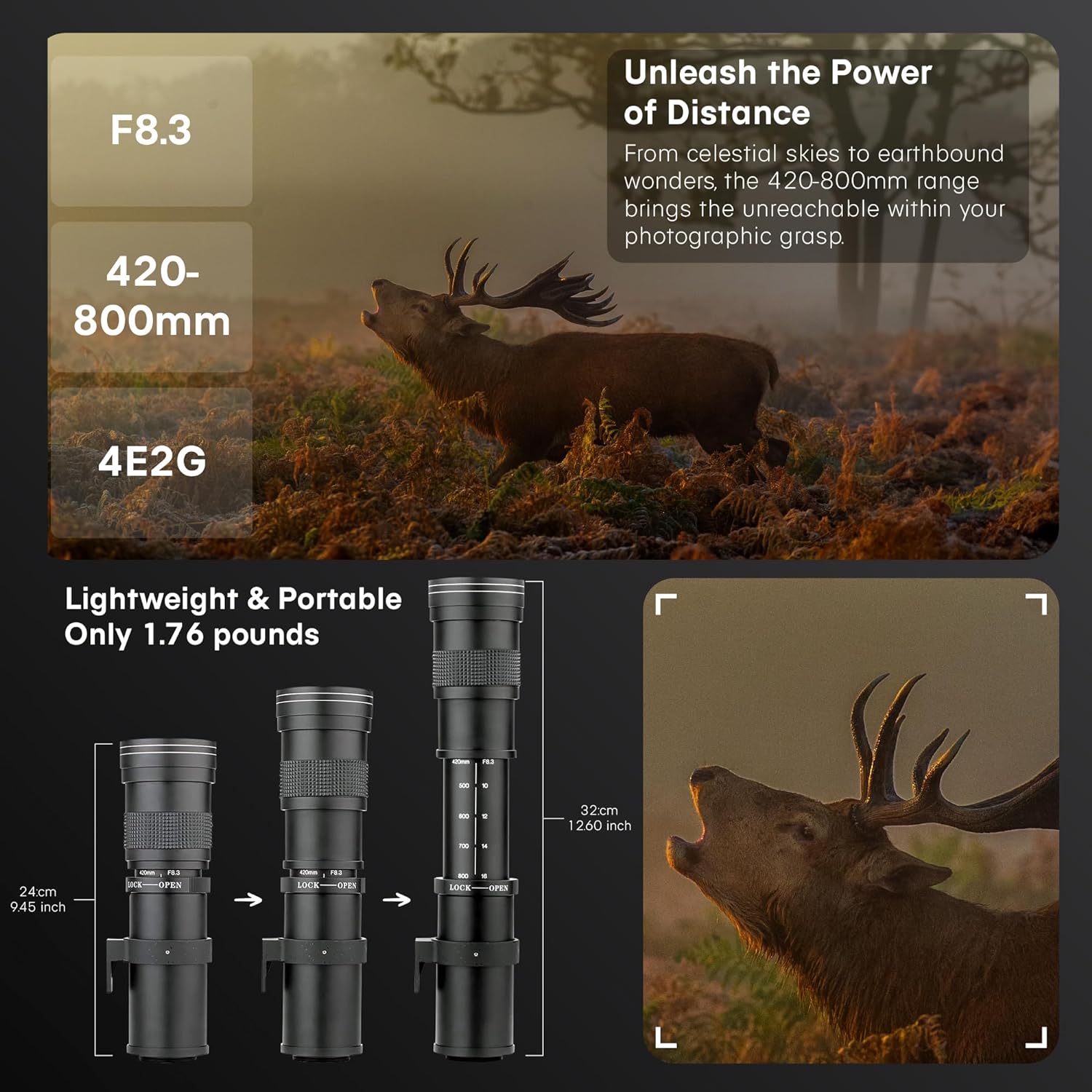 Commander 420-800mm f/8.3 Manual Telephoto Zoom Lens for Canon EOS 80D, 90D, Rebel T3, T3i, T4i, T5, T5i, T6, T6i, T6s, T7, T7I, SL1, SL2, EOS 70D, 77D, 80D, EOS 5D, II/III/IV, 6D | Camera Lens