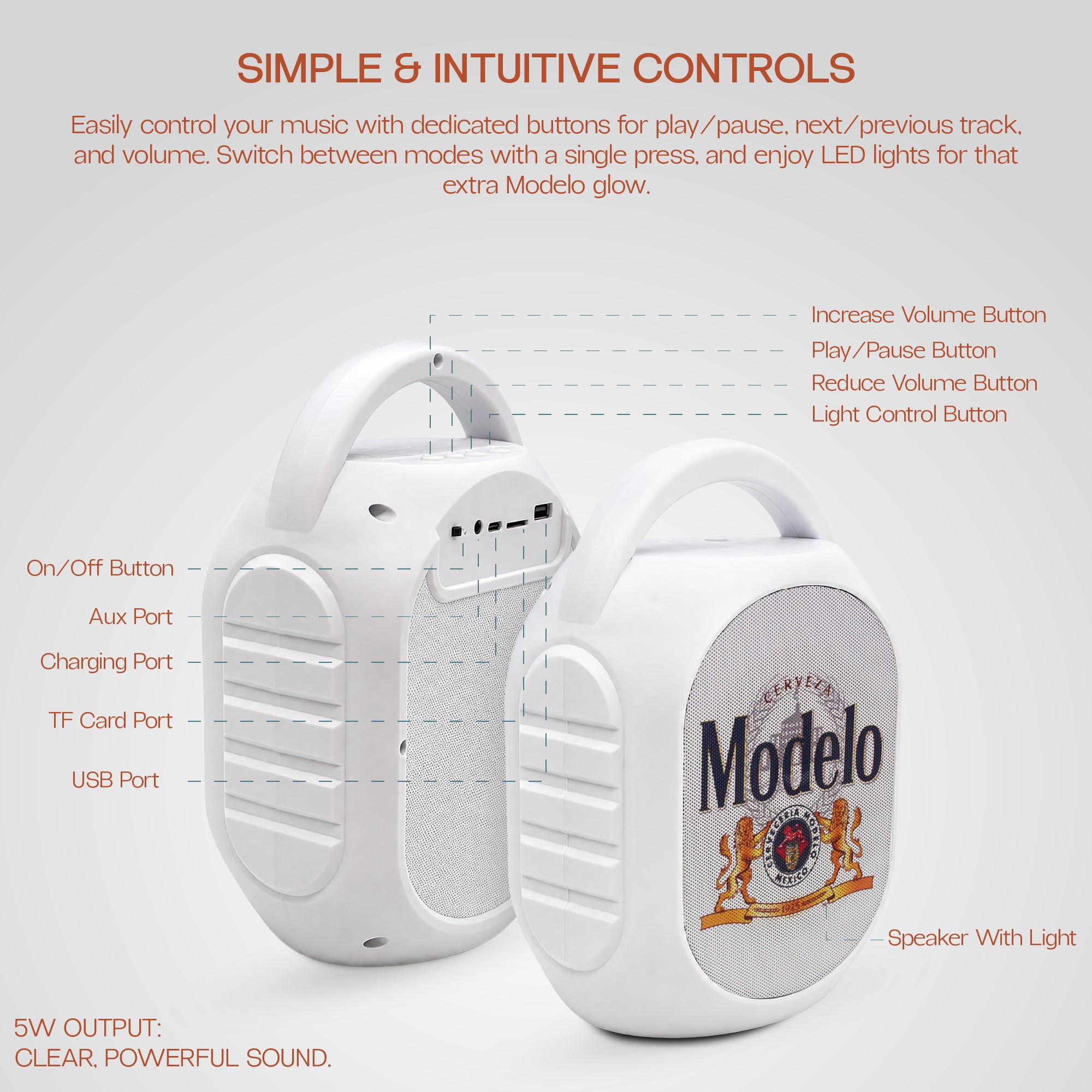 Modelo Mini Party Speaker with LED Lights, Built-In Handle, Function Buttons