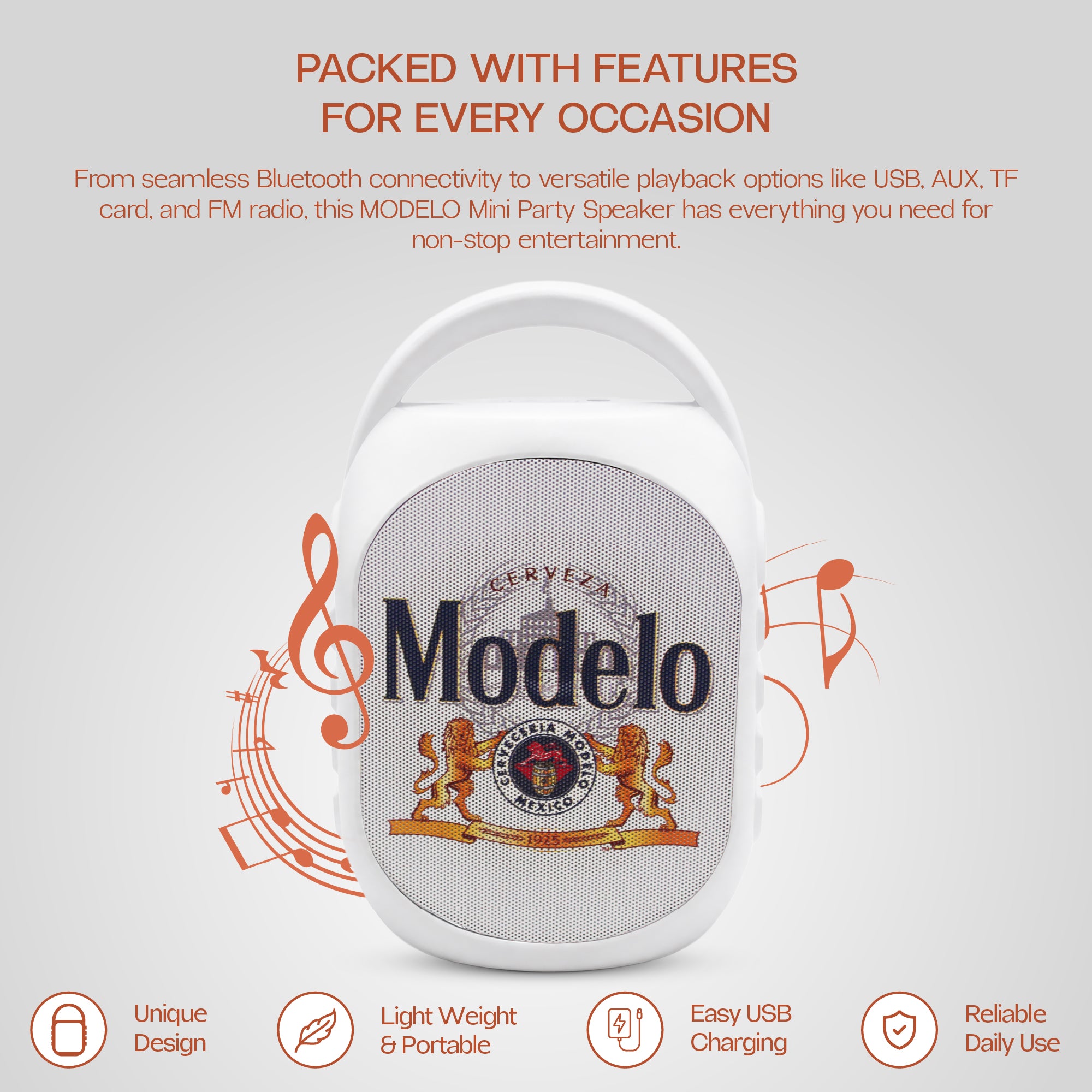 Modelo Mini Party Speaker with LED Lights, Built-In Handle, Function Buttons