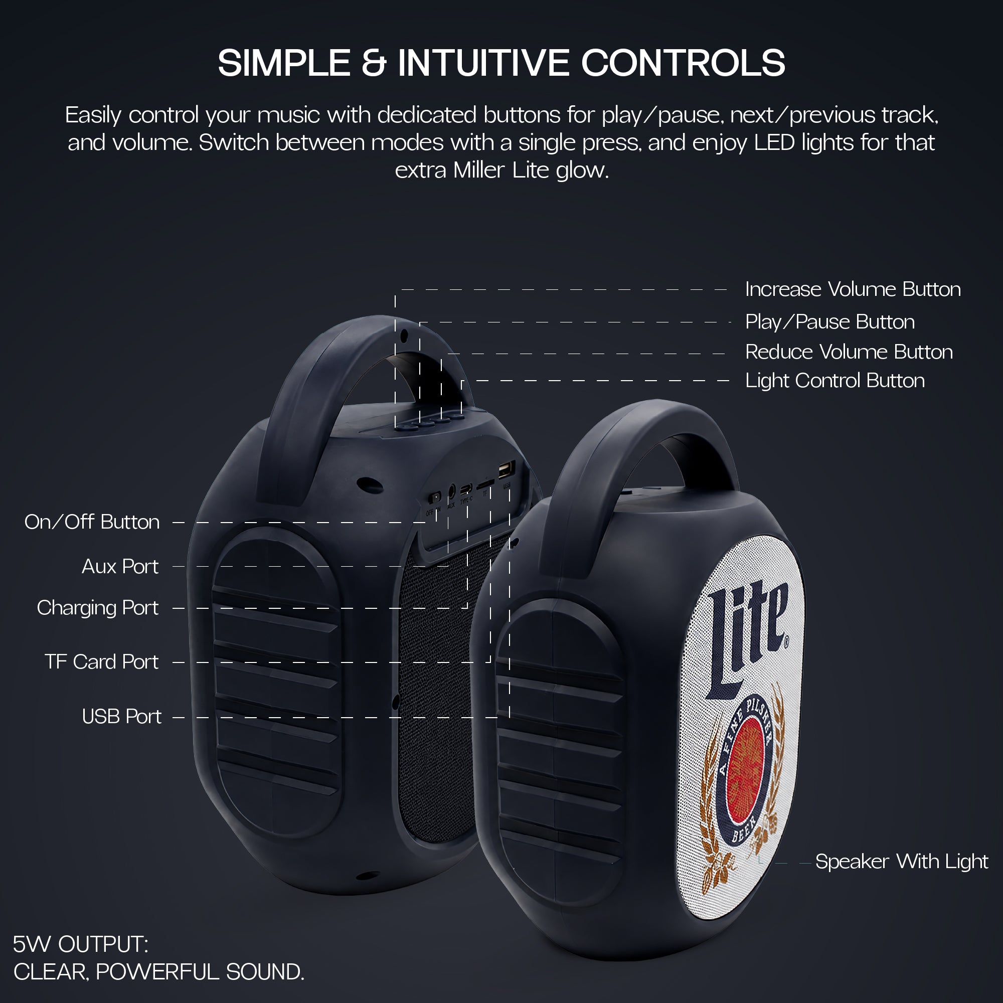 Miller Lite Mini Party Speaker V2 with LED Lights, Built-In Handle, Function Buttons