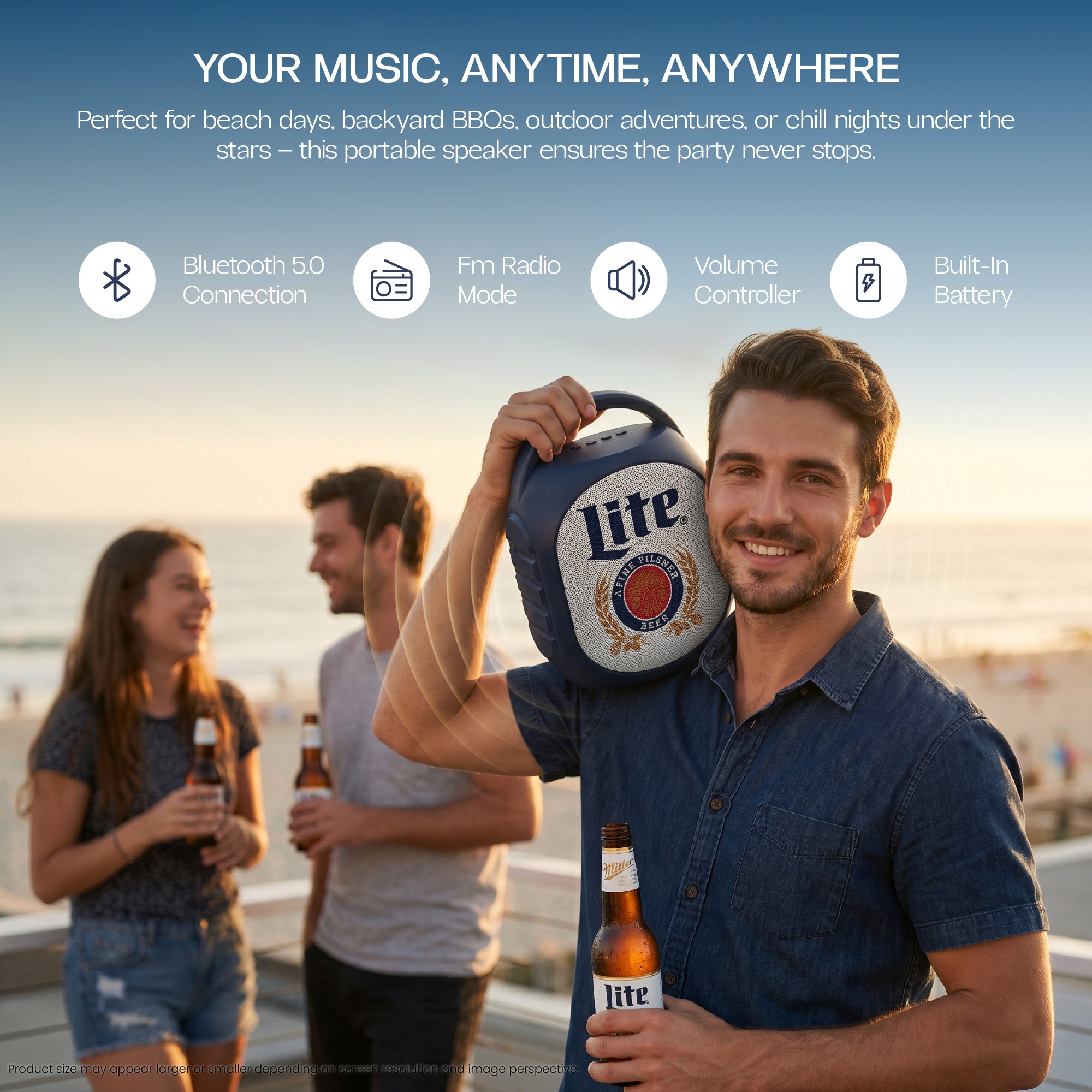 Miller Lite Mini Party Speaker V2 with LED Lights, Built-In Handle, Function Buttons