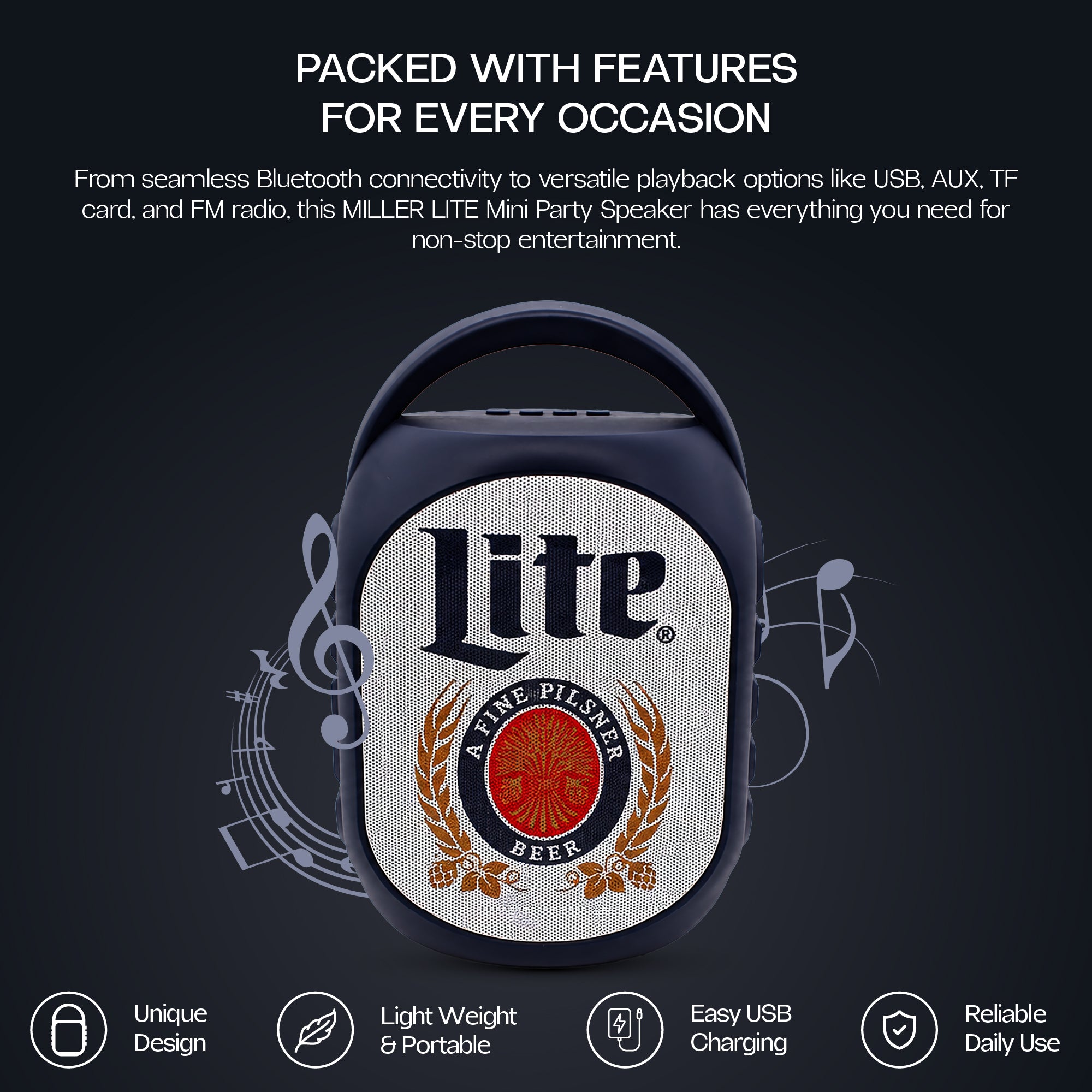 Miller Lite Mini Party Speaker V2 with LED Lights, Built-In Handle, Function Buttons