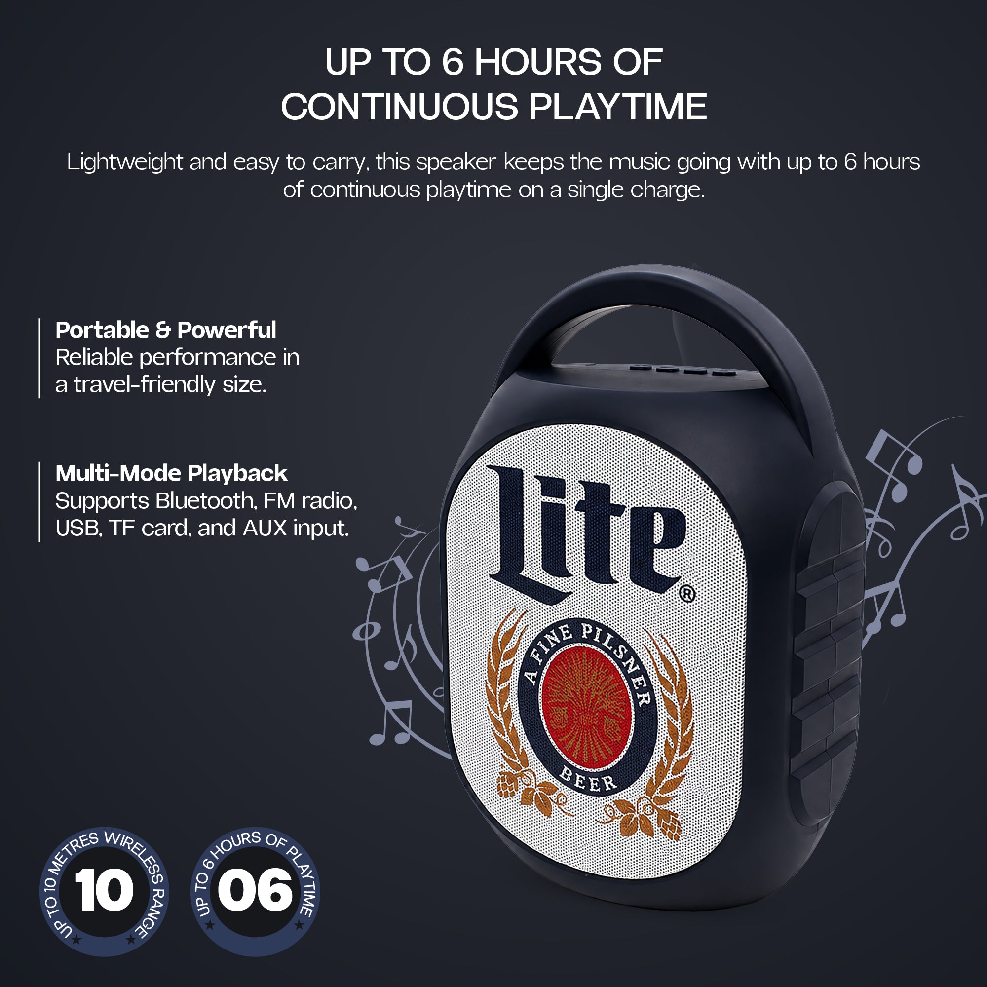 Miller Lite Mini Party Speaker V2 with LED Lights, Built-In Handle, Function Buttons