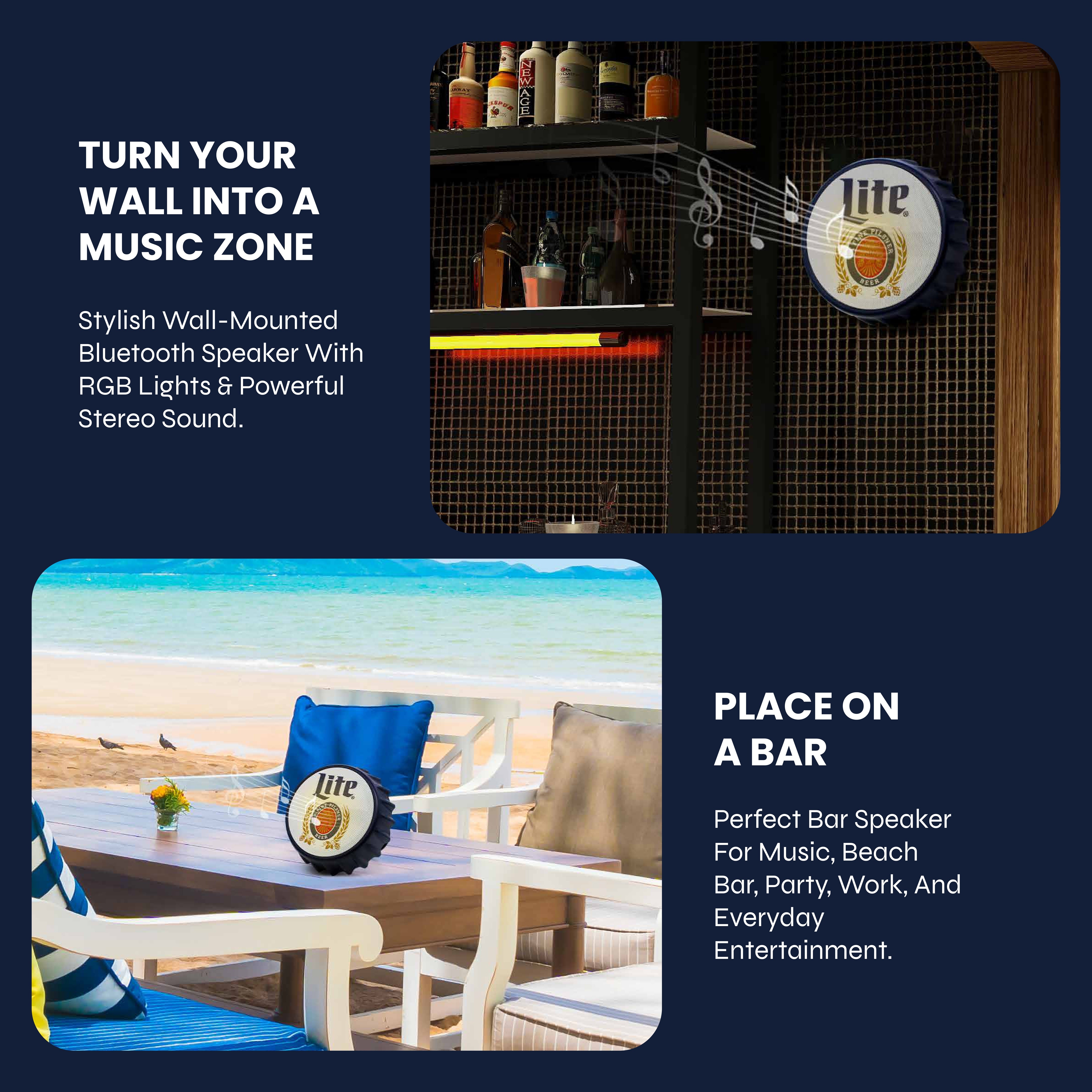 Miller Lite Bottle Cap Shaped Bluetooth Speaker with LED Lights, Kickstand, Wall Mountable