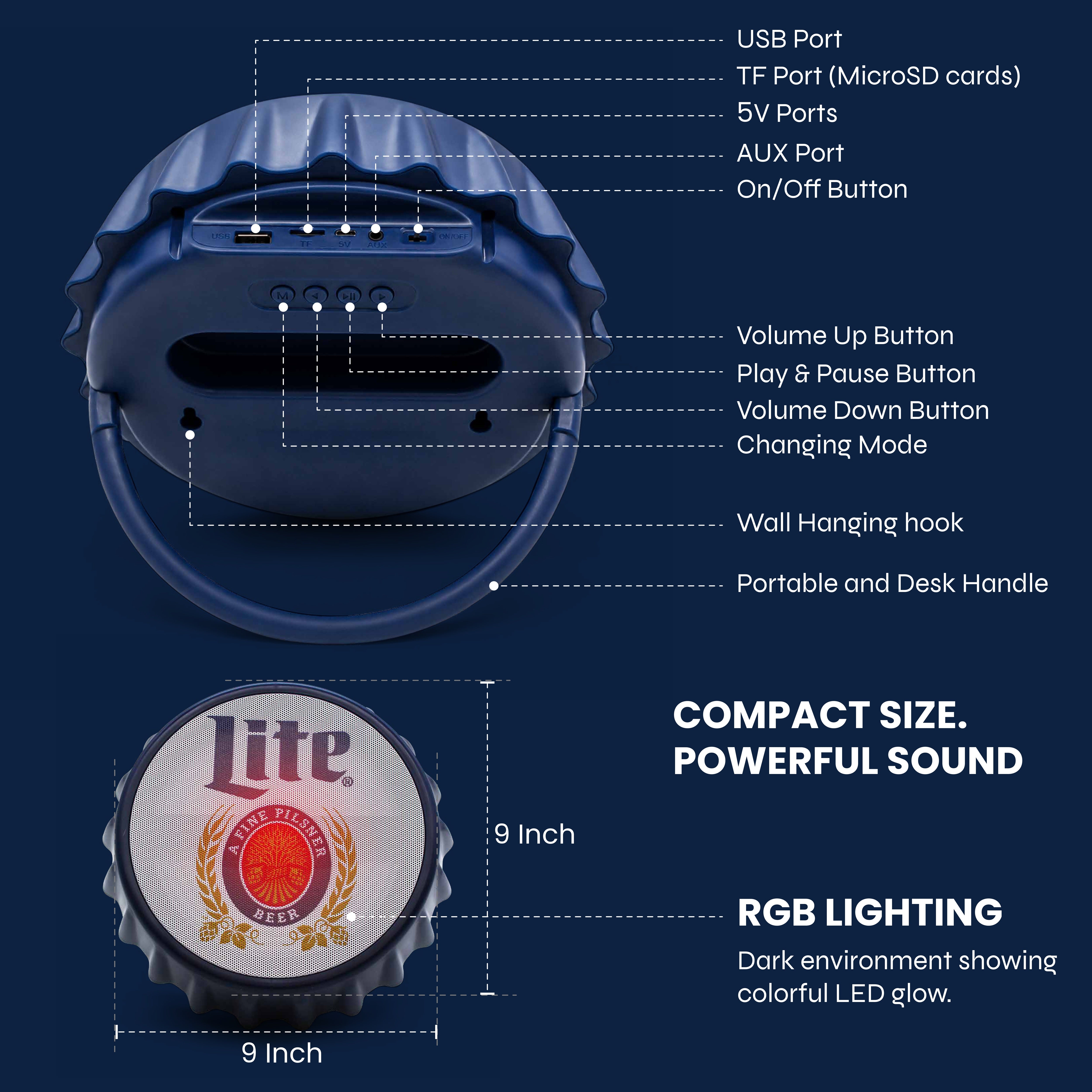 Miller Lite Bottle Cap Shaped Bluetooth Speaker with LED Lights, Kickstand, Wall Mountable