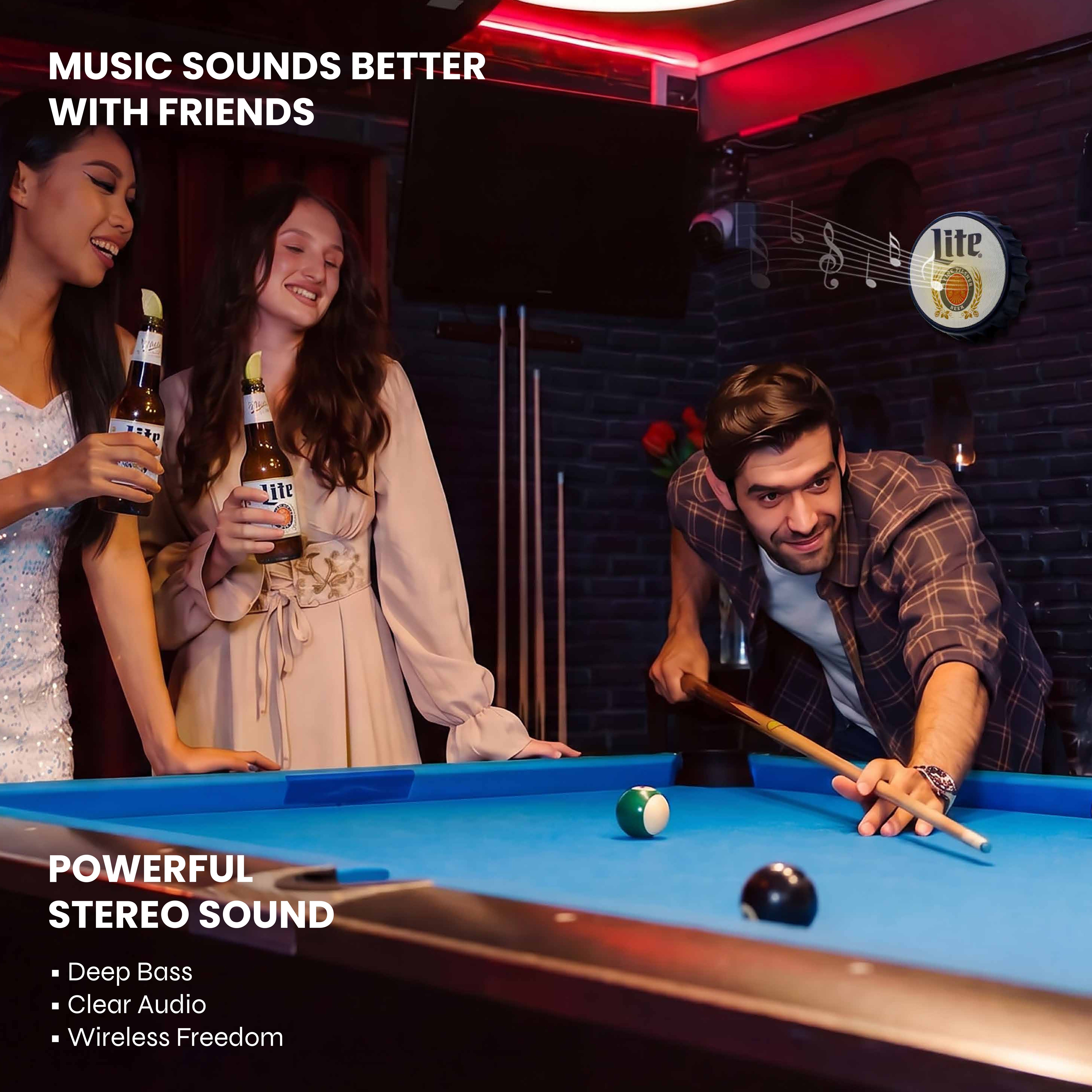 Miller Lite Bottle Cap Shaped Bluetooth Speaker with LED Lights, Kickstand, Wall Mountable