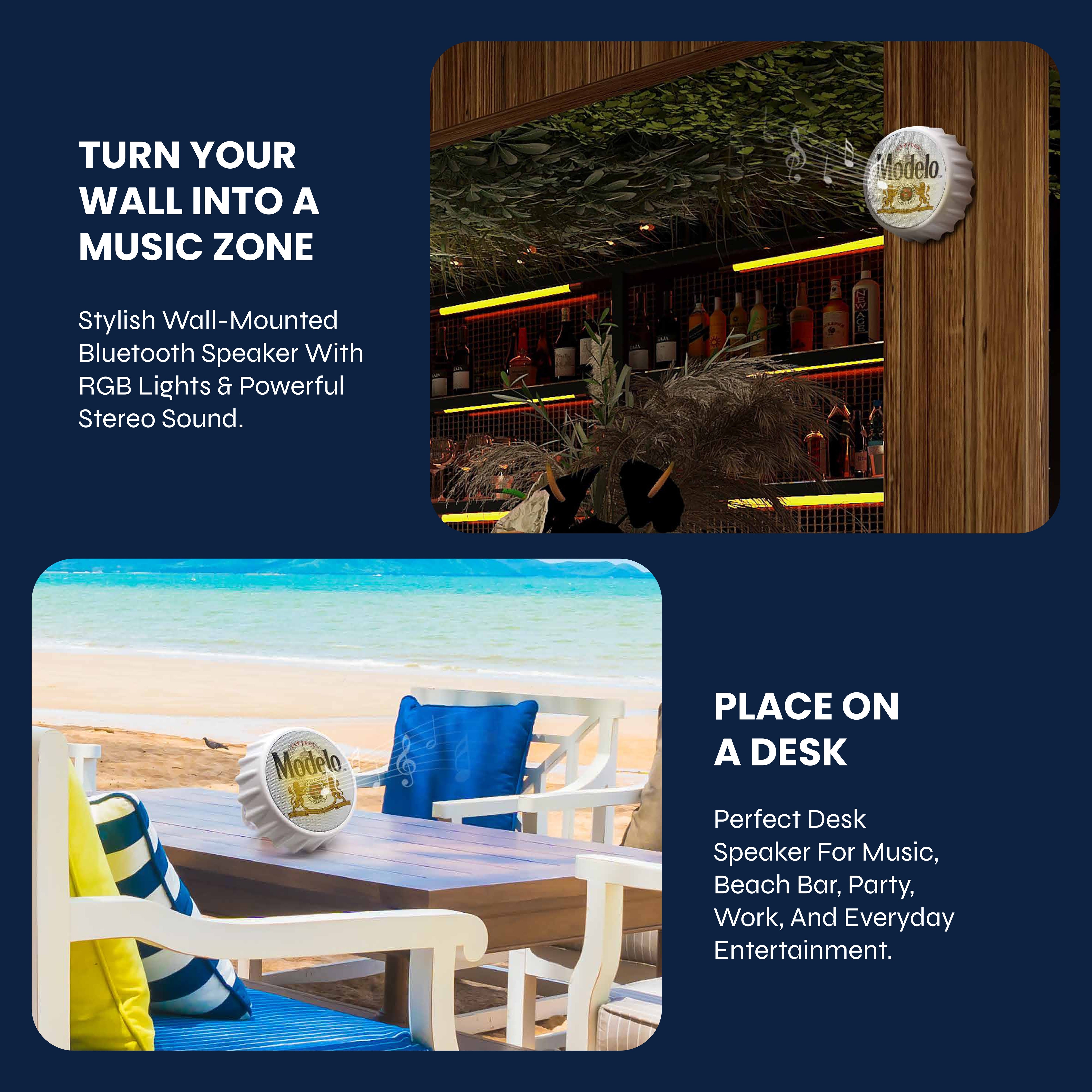 Modelo Bottle Cap Shaped LED Light Bluetooth Speaker, Wall Mountable, Kick Stand, FM Radio