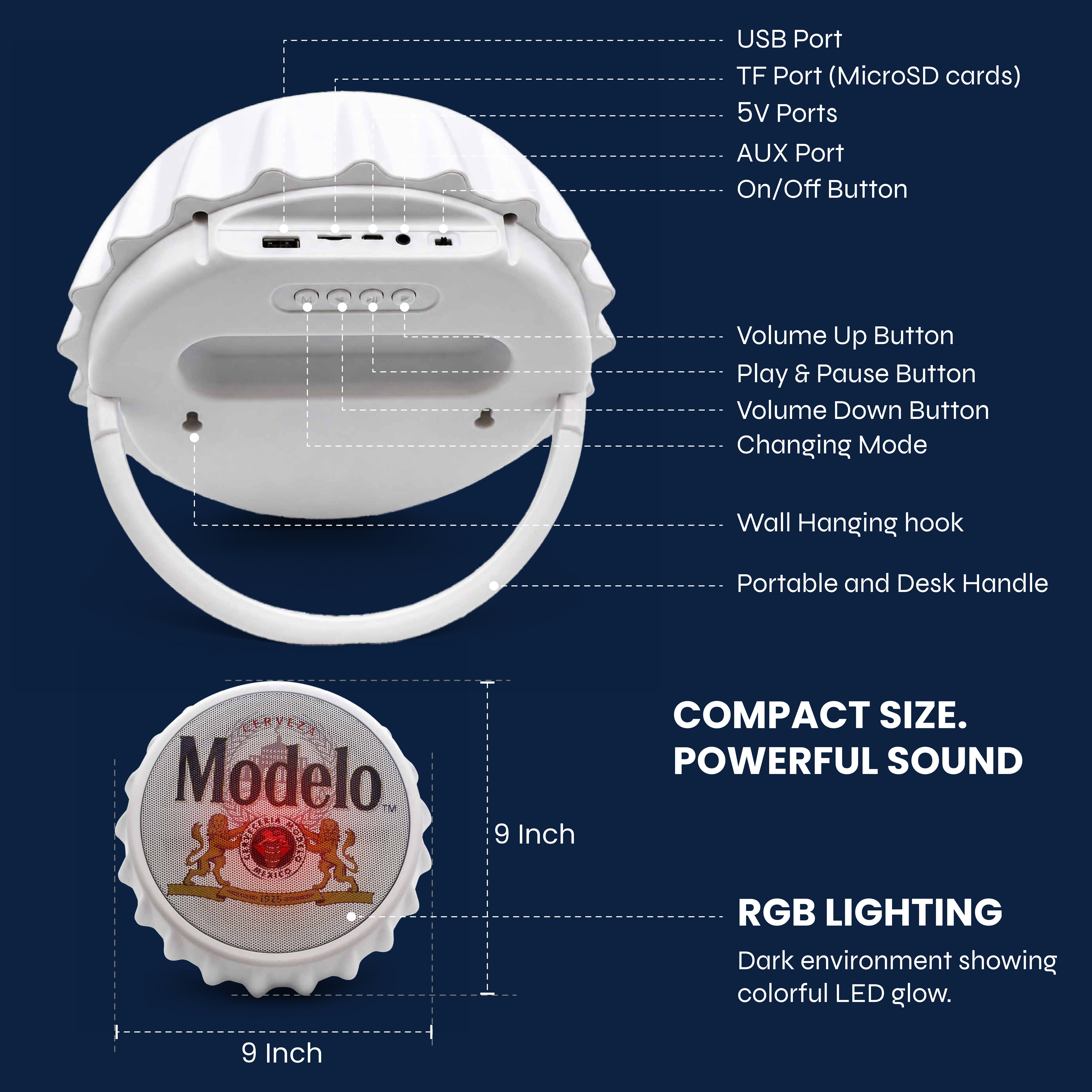 Modelo Bottle Cap Shaped LED Light Bluetooth Speaker, Wall Mountable, Kick Stand, FM Radio