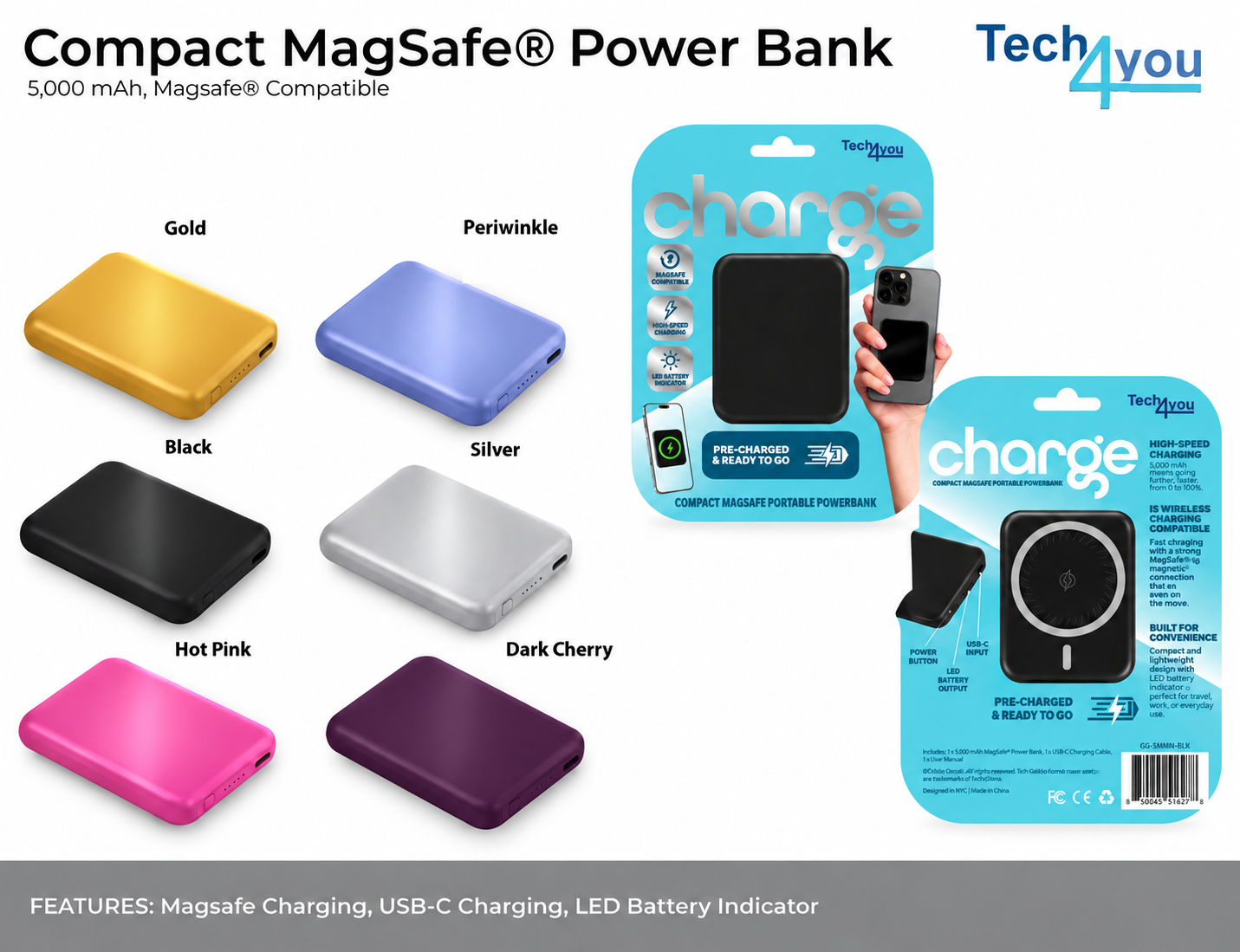 Tech4You Metallic Square MagSafe Power Bank – 5,000mAh