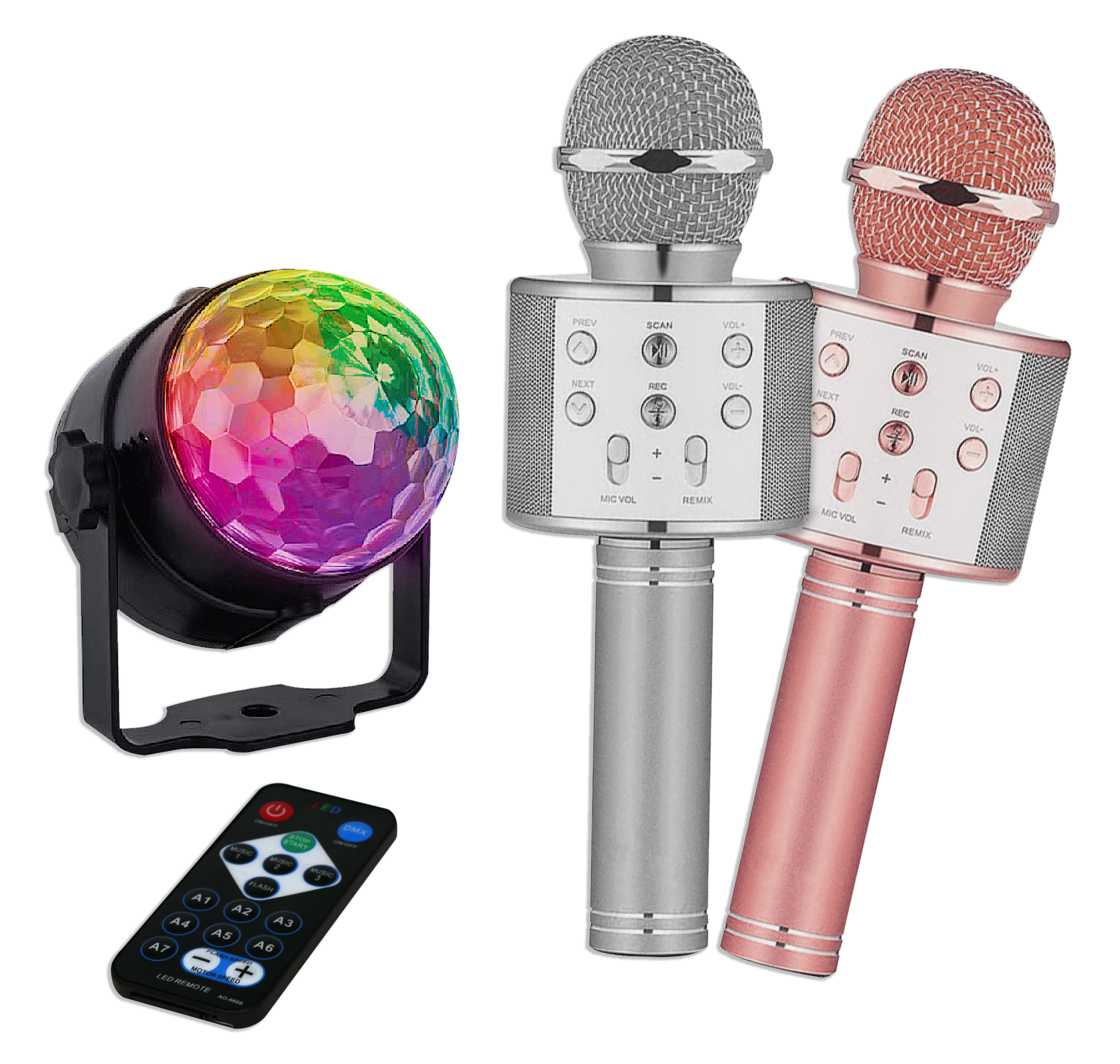 GabbaGoods Karaoke 3 Piece Set Disco LED Lights Projector and 2 Microphones That SYNC Together, Sound Activated Party Lights with Remote Control, RGB Disco Ball